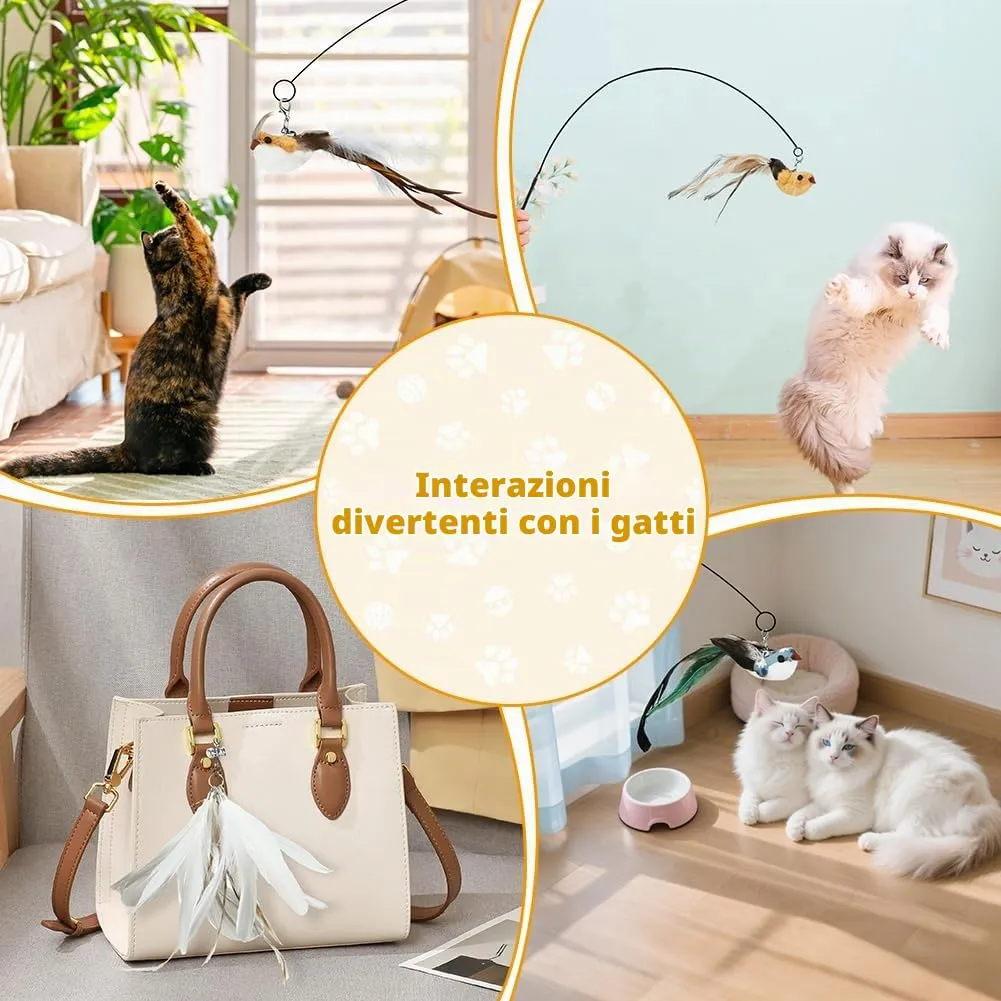 OSDUE Giochi per Gatti, 8 Pezzi Giochi Interattivi per Gatti, Giocattolo Interattivo con Campanellini, con 6 Uccellini 1 farfalla e 1 Piume di Ricambio, per Gattis, Regalo per Cuccioli e Gattini - immagine 7