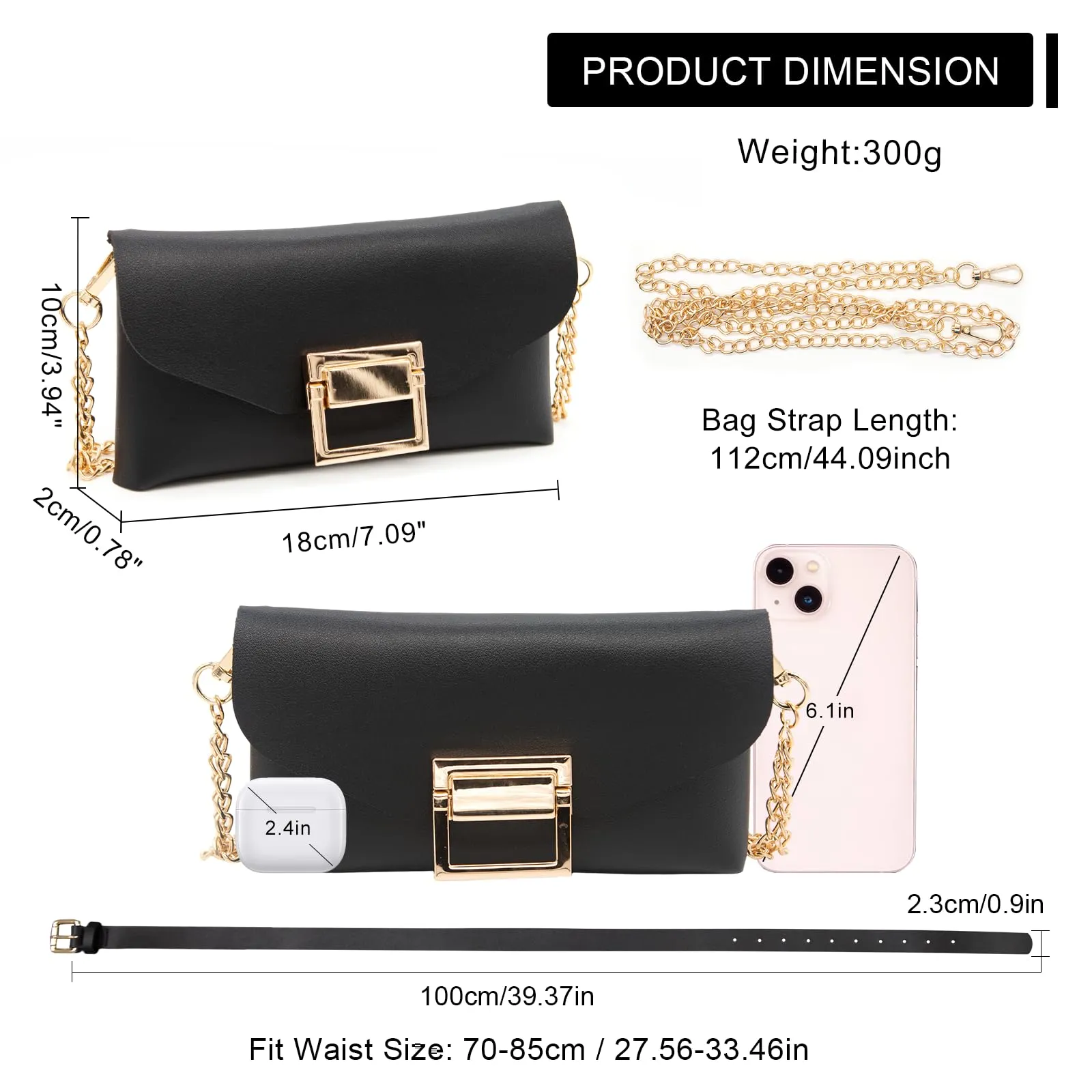 YAMEIZE Marsupio In Pelle PU per Donna Borsa Da Cintura tracolla a catena con cintura staccabile (Nero) - immagine 2