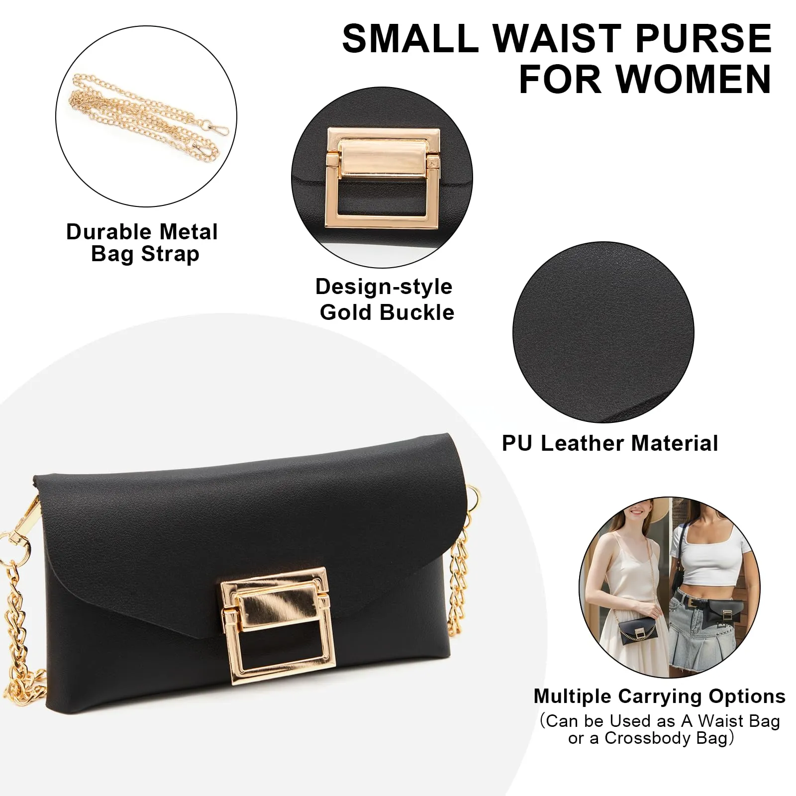 YAMEIZE Marsupio In Pelle PU per Donna Borsa Da Cintura tracolla a catena con cintura staccabile (Nero) - immagine 3