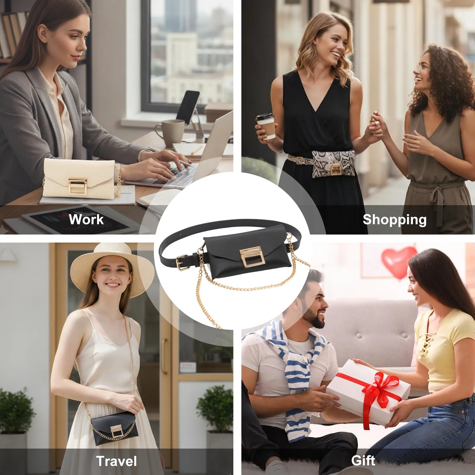YAMEIZE Marsupio In Pelle PU per Donna Borsa Da Cintura tracolla a catena con cintura staccabile (Nero) - immagine 6