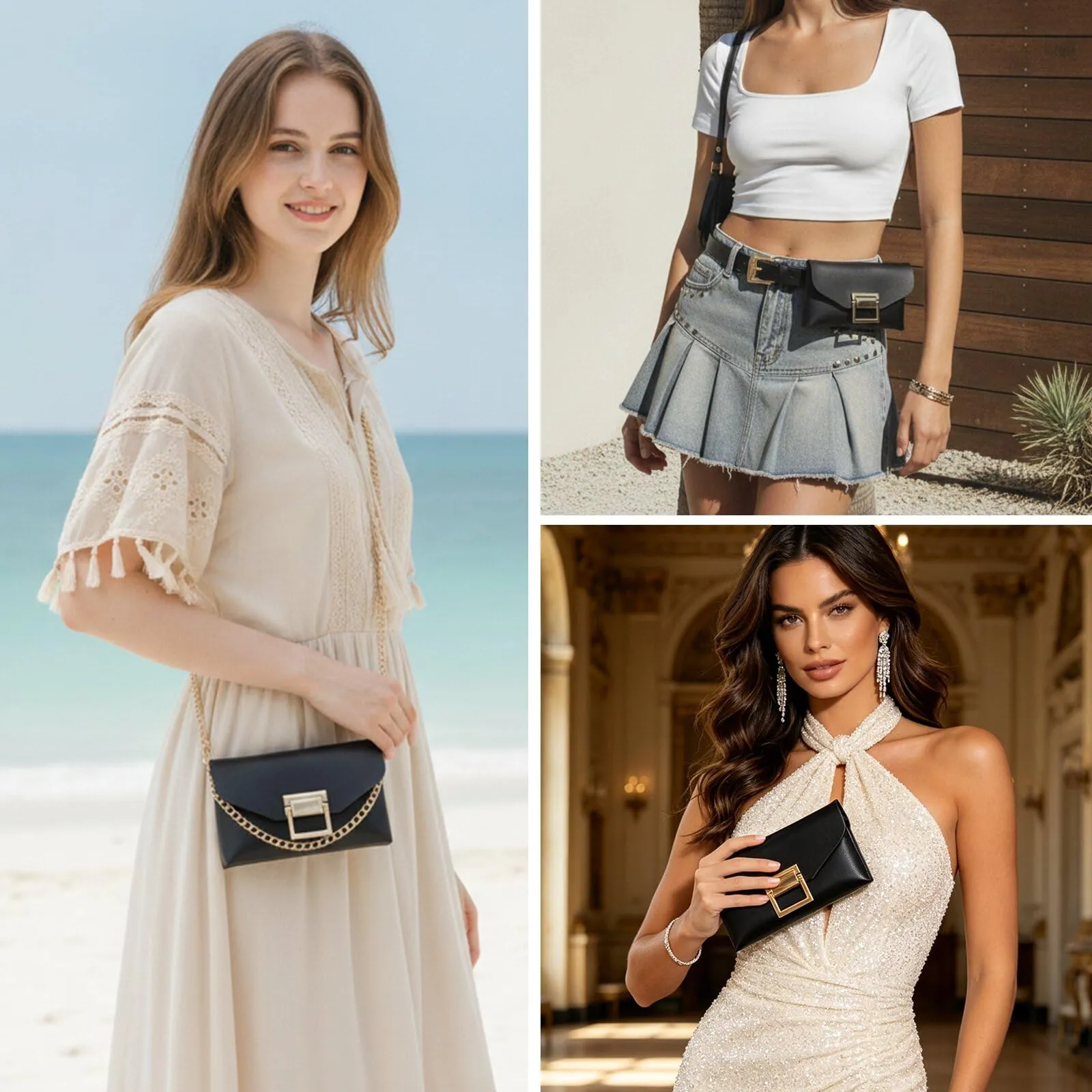 YAMEIZE Marsupio In Pelle PU per Donna Borsa Da Cintura tracolla a catena con cintura staccabile (Nero) - immagine 7