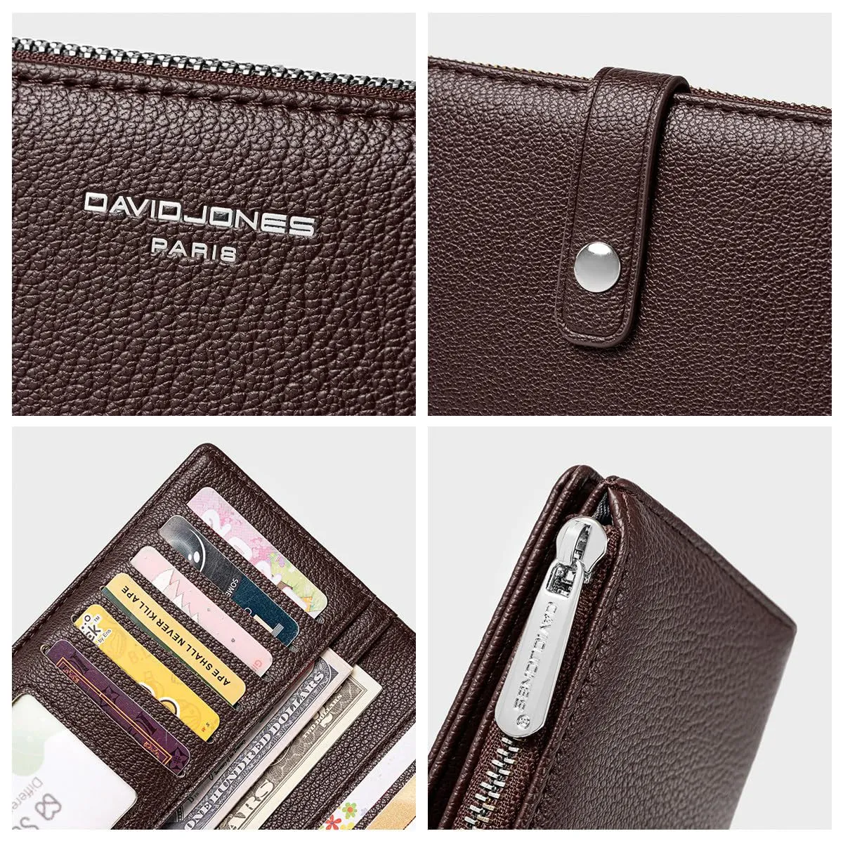 David Jones - Portafoglio da donna grande in pelle PU - Portafoglio lungo da donna - Portafoglio con scomparto per monete e cerniera - Portafoglio lungo con porta carte e tasca con zip - immagine 5