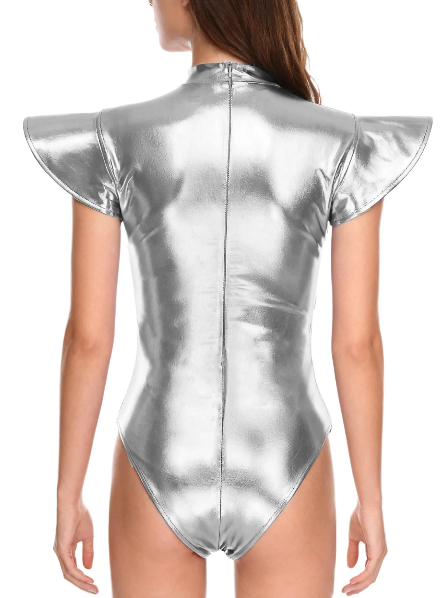 Monduelle Donna Vestito Disco Alieno Outfit Cosplay Da Metallico Lucido Body Argento XXL - immagine 2