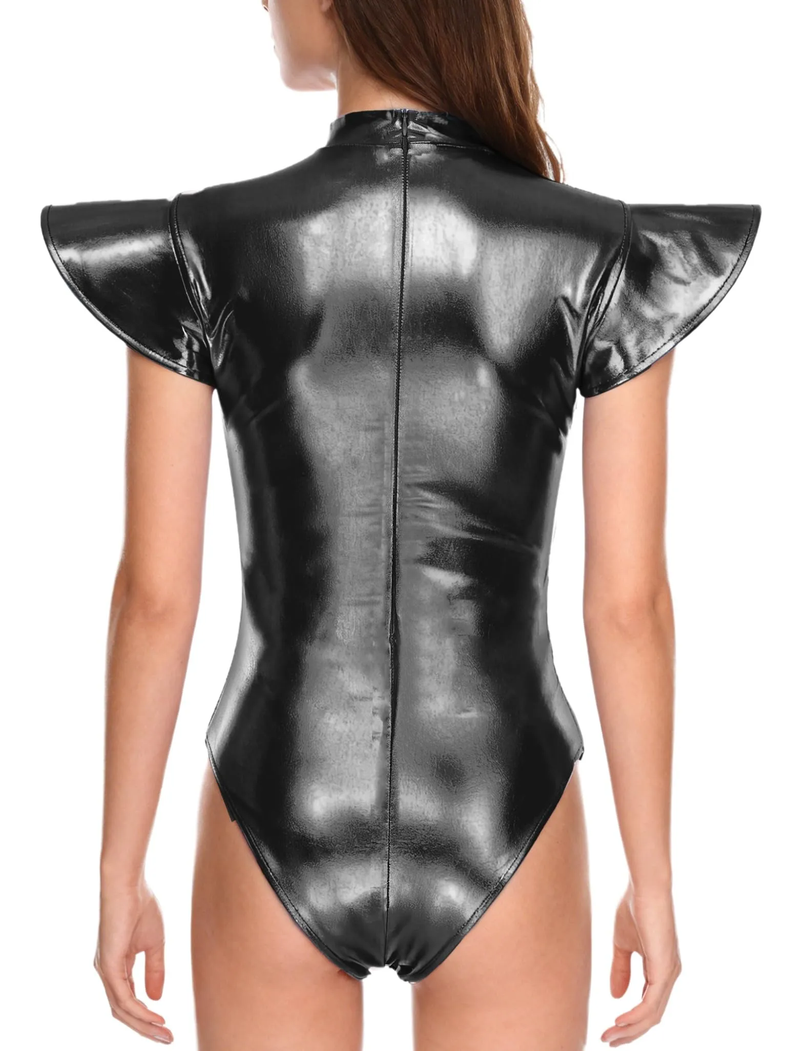 Donna Vestito Disco Alieno Outfit Cosplay Da Metallico Lucido Body Nero 3XL - immagine 2
