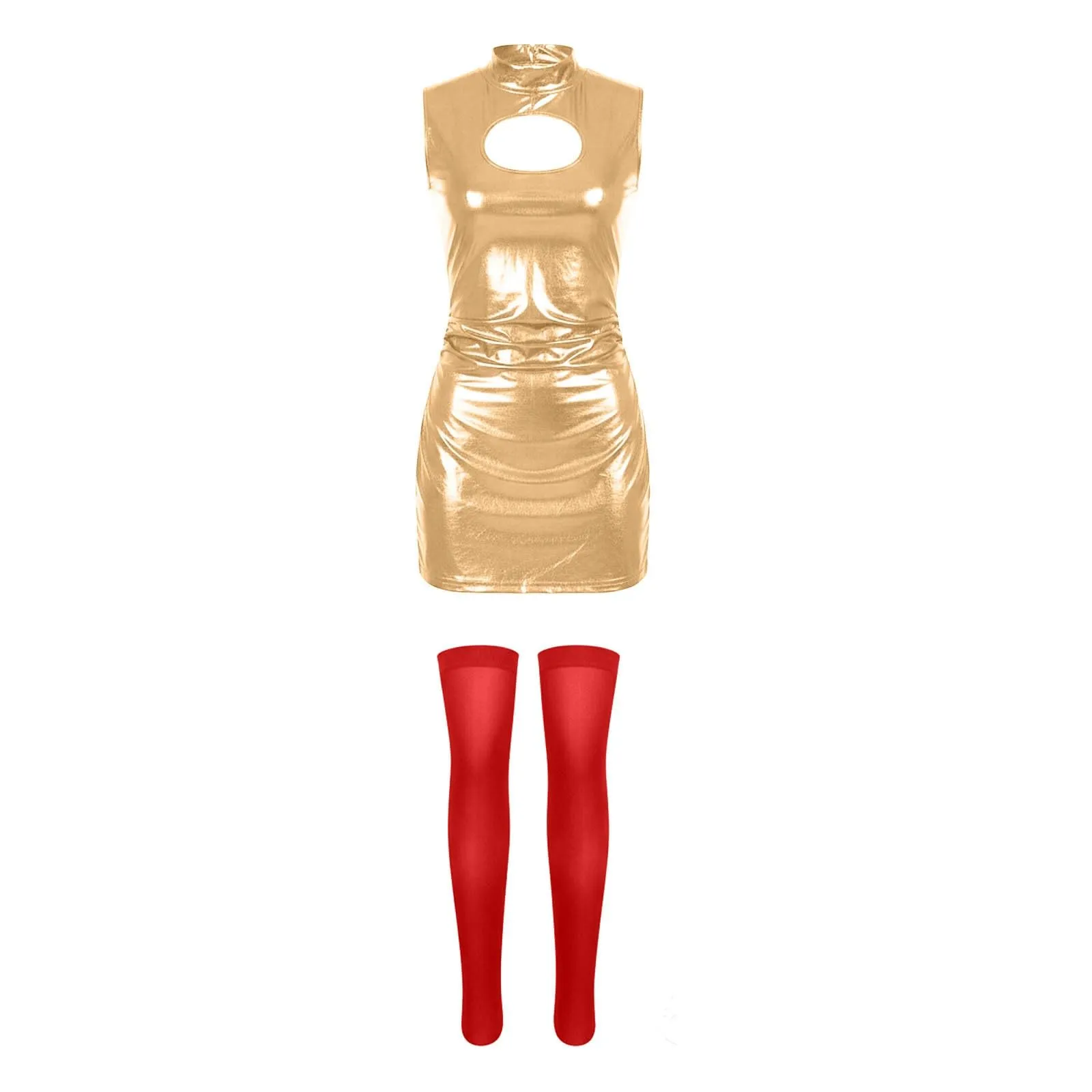 Foweknow Vestito in pelle da donna, sexy, effetto bagnato, mini abito curvy, per feste, club, cosplay, costume in lattice, abito da cocktail in pelle laccata metallizzata, abito lucido per feste - immagine 7