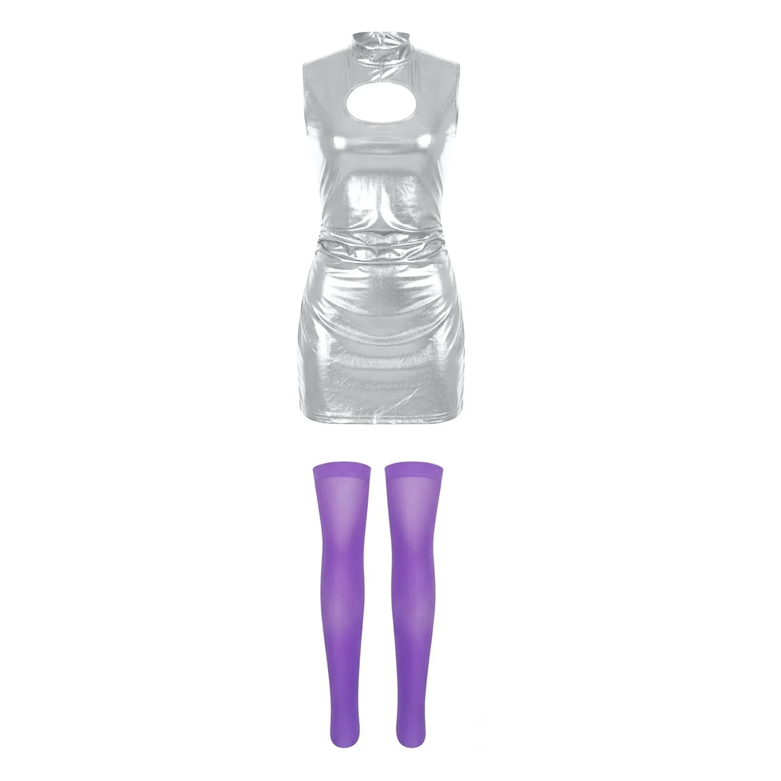 Foweknow Vestito in pelle da donna, sexy, effetto bagnato, mini abito curvy, per feste, club, cosplay, costume in lattice, abito da cocktail in pelle laccata metallizzata, abito lucido per feste - immagine 7