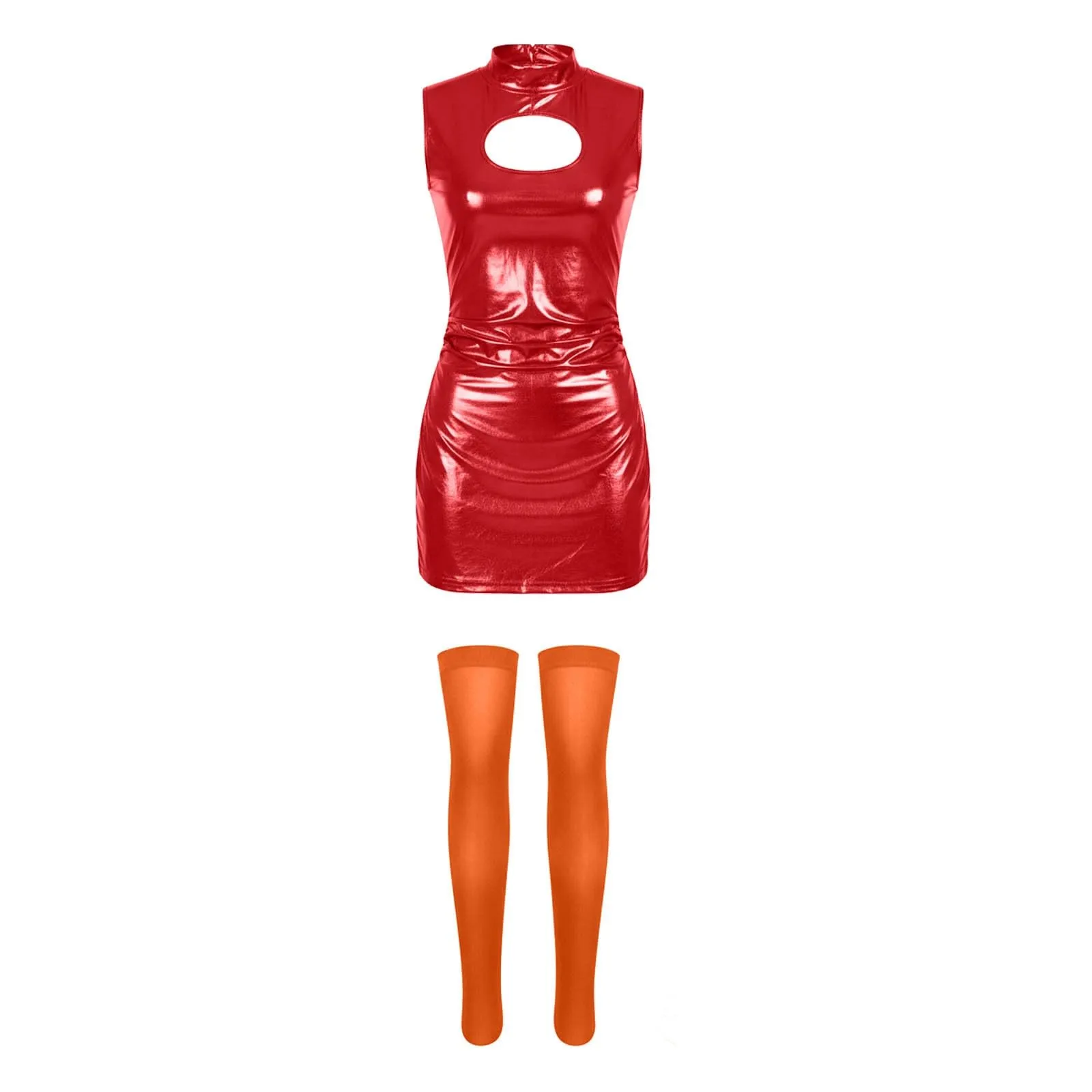 Foweknow Vestito in pelle da donna, sexy, effetto bagnato, mini abito curvy, per feste, club, cosplay, costume in lattice, abito da cocktail in pelle laccata metallizzata, abito lucido per feste - immagine 2