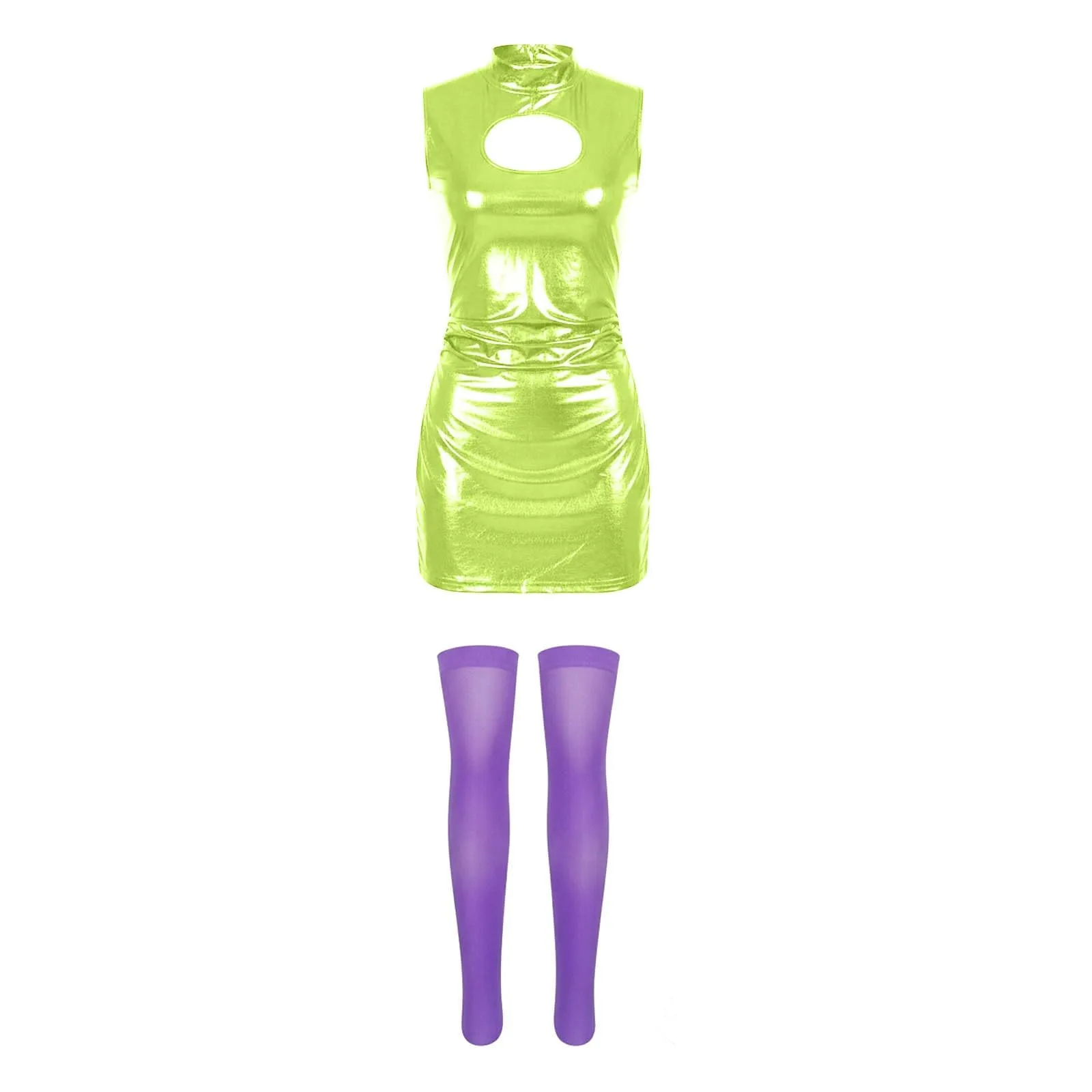Foweknow Vestito in pelle da donna, sexy, effetto bagnato, mini abito curvy, per feste, club, cosplay, costume in lattice, abito da cocktail in pelle laccata metallizzata, abito lucido per feste - immagine 1