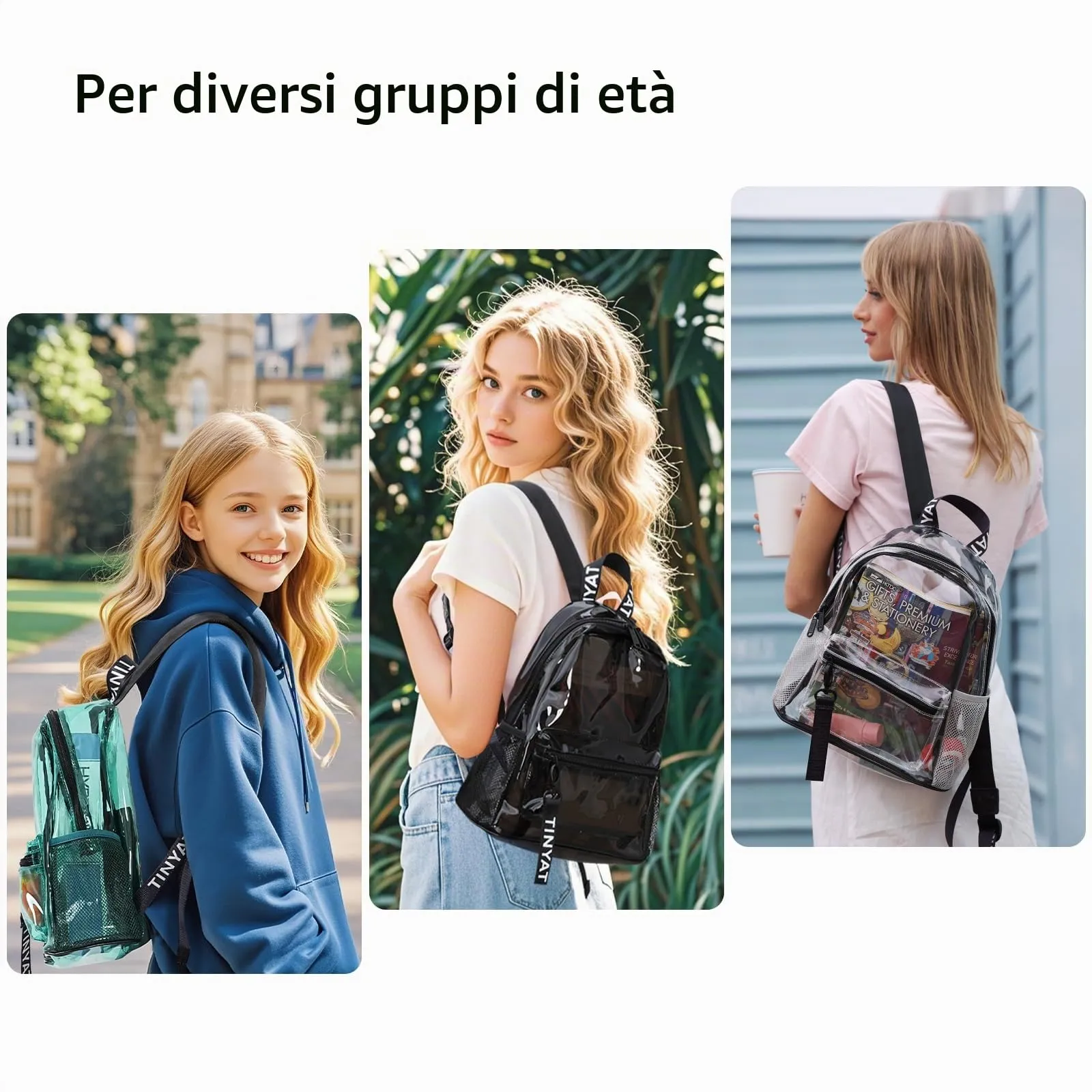 TINYAT Zaino olografico multicolore trasparente zaino super morbido in pvc per ragazze per la spesa shopping unisex, T9051 - immagine 7