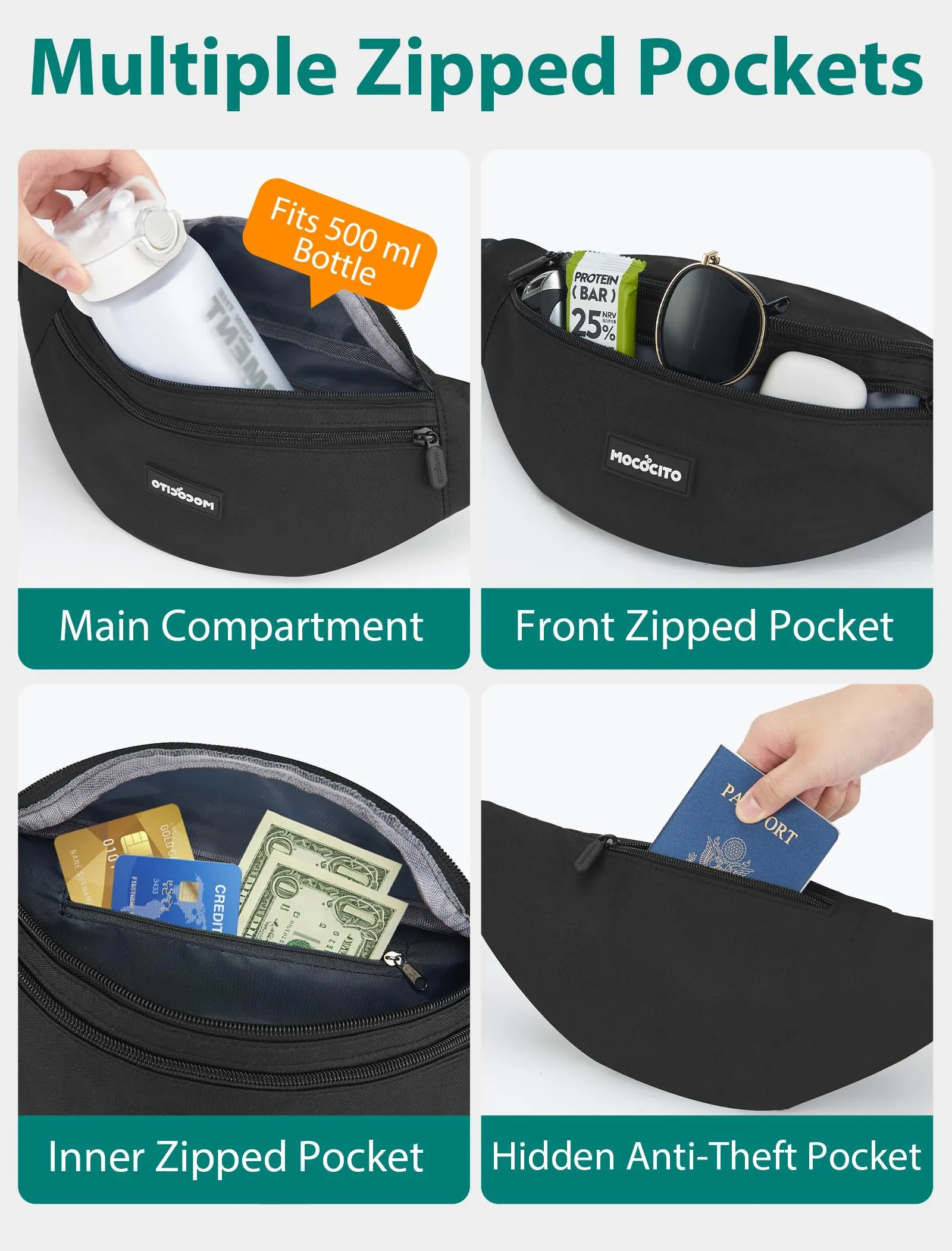 MOCOCITO Marsupio Uomo Sportivo, 2.1L Marsupio Corsa con 4 Tasche Zip Porta Cellulare,Cintura Regolabile a 120cm per Running Ciclismo Escursionismo Borsello Fanny Pack Jogging Viaggi Concerti Lavoro - immagine 4