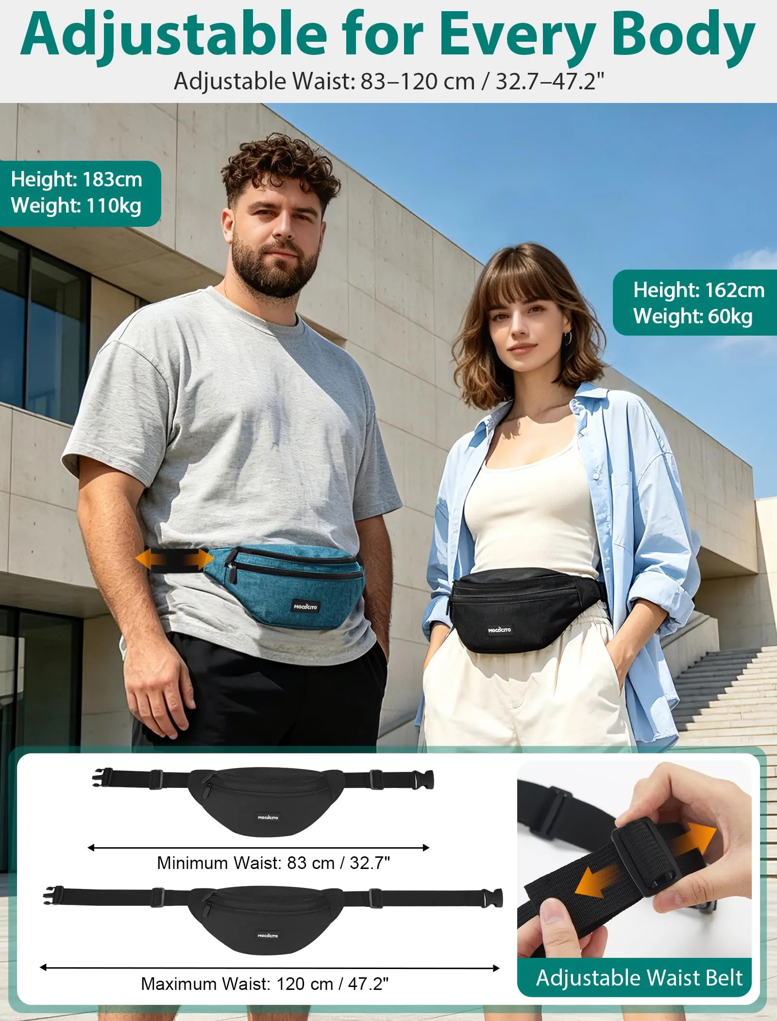 MOCOCITO Marsupio Uomo Sportivo, 2.1L Marsupio Corsa con 4 Tasche Zip Porta Cellulare,Cintura Regolabile a 120cm per Running Ciclismo Escursionismo Borsello Fanny Pack Jogging Viaggi Concerti Lavoro - immagine 5