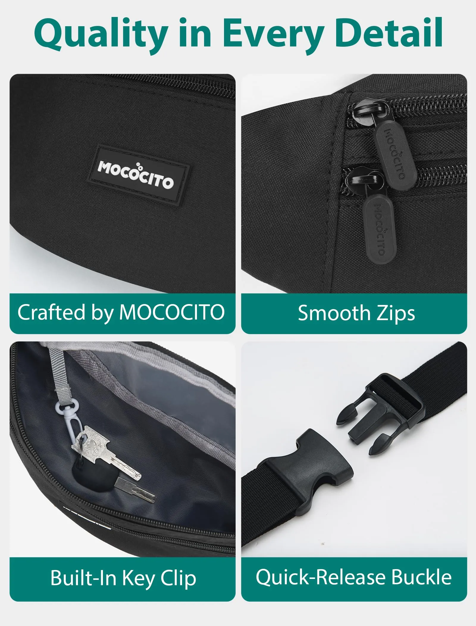 MOCOCITO Marsupio Uomo Sportivo, 2.1L Marsupio Corsa con 4 Tasche Zip Porta Cellulare,Cintura Regolabile a 120cm per Running Ciclismo Escursionismo Borsello Fanny Pack Jogging Viaggi Concerti Lavoro - immagine 6