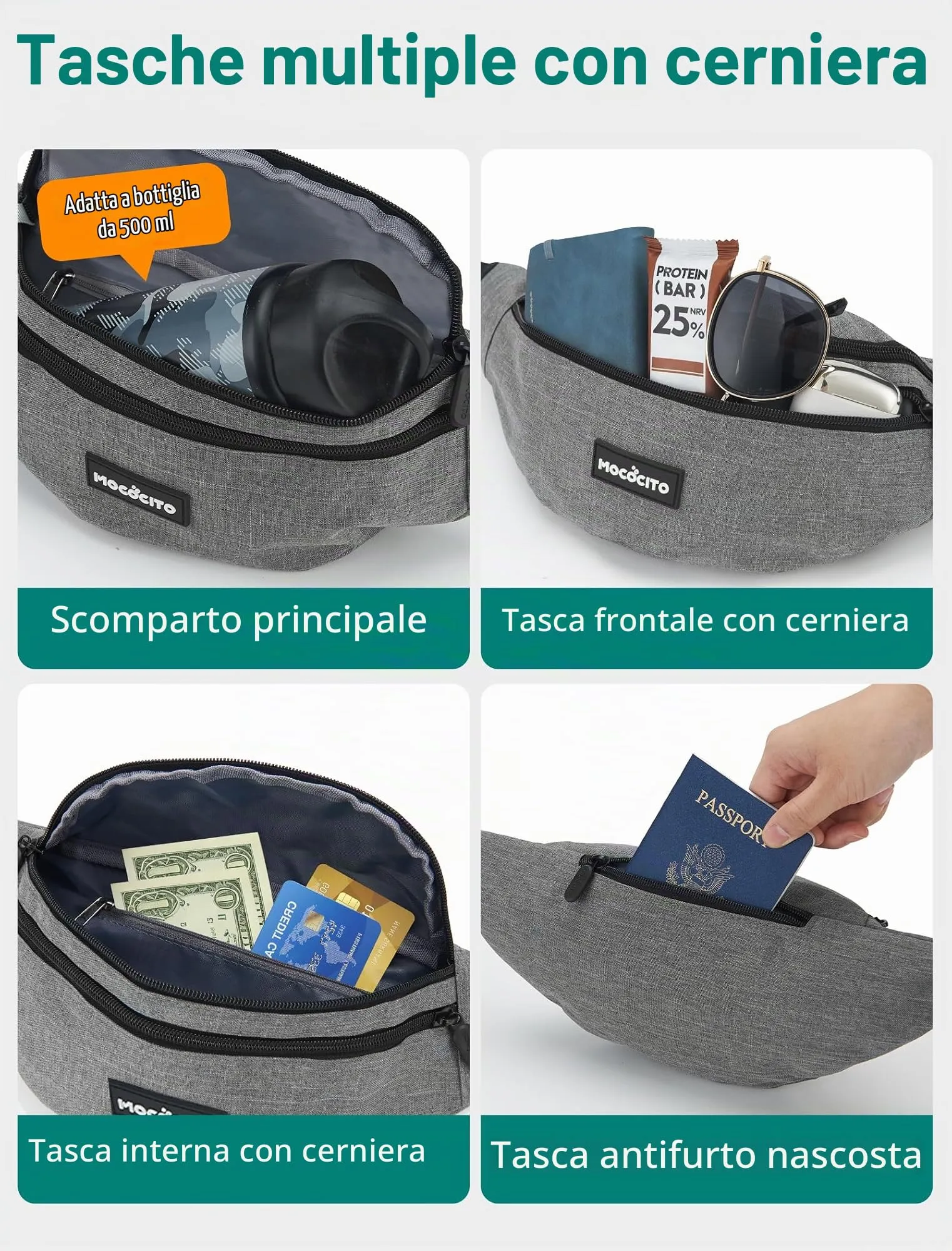 MOCOCITO Marsupio Uomo Sportivo, 2.1L Marsupio Corsa con 4 Tasche Zip Porta Cellulare,Cintura Regolabile a 120cm per Running Ciclismo Escursionismo Borsello Fanny Pack Jogging Viaggi Concerti Lavoro - immagine 4