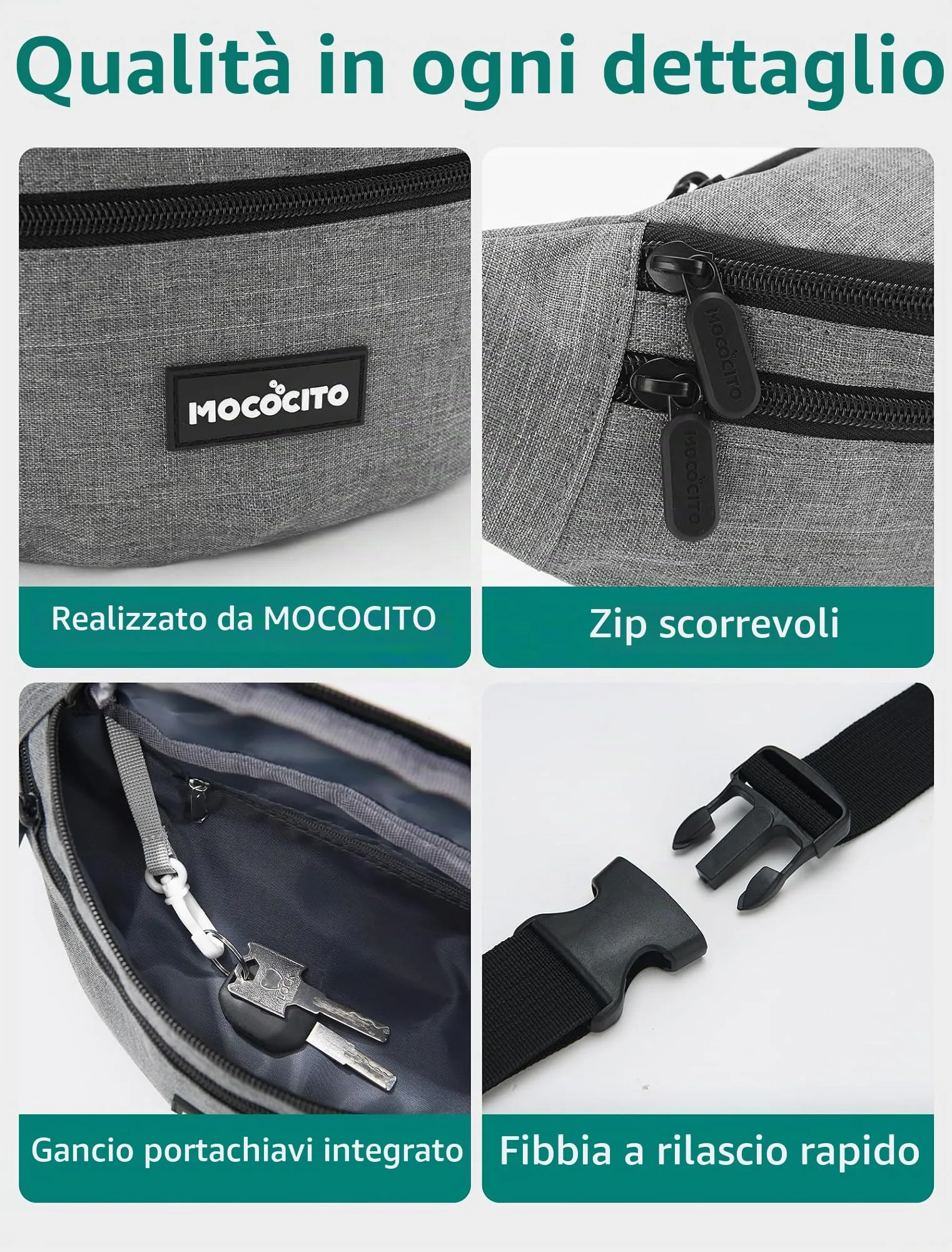 MOCOCITO Marsupio Uomo Sportivo, 2.1L Marsupio Corsa con 4 Tasche Zip Porta Cellulare,Cintura Regolabile a 120cm per Running Ciclismo Escursionismo Borsello Fanny Pack Jogging Viaggi Concerti Lavoro - immagine 6