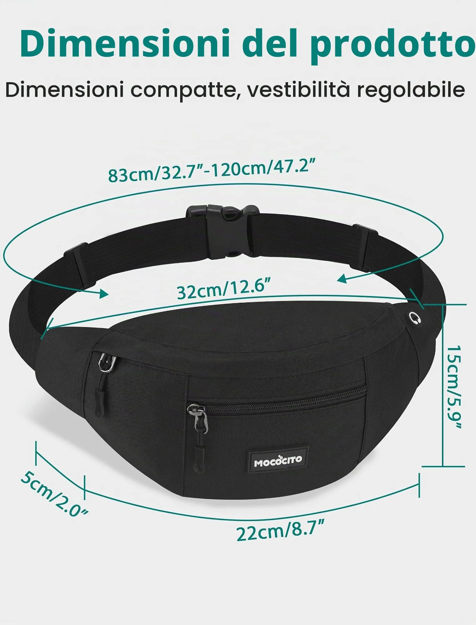 MOCOCITO Marsupio Uomo Sportivo, 2.1L Marsupio Corsa con 4 Tasche Zip Porta Cellulare,Cintura Regolabile a 120cm per Running Ciclismo Escursionismo Borsello Fanny Pack Jogging Viaggi Concerti Lavoro - immagine 2