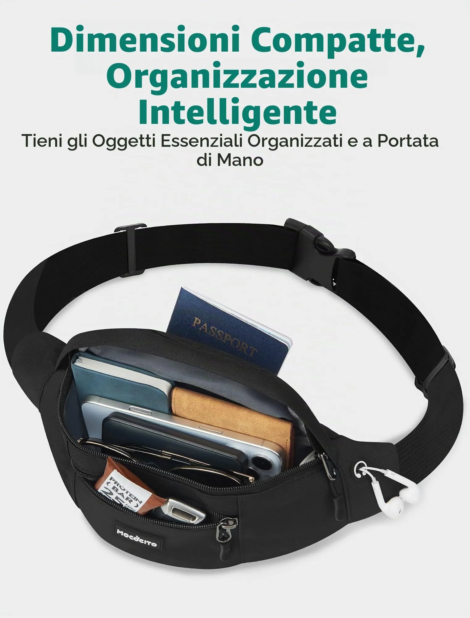 MOCOCITO Marsupio Uomo Sportivo, 2.1L Marsupio Corsa con 4 Tasche Zip Porta Cellulare,Cintura Regolabile a 120cm per Running Ciclismo Escursionismo Borsello Fanny Pack Jogging Viaggi Concerti Lavoro - immagine 3