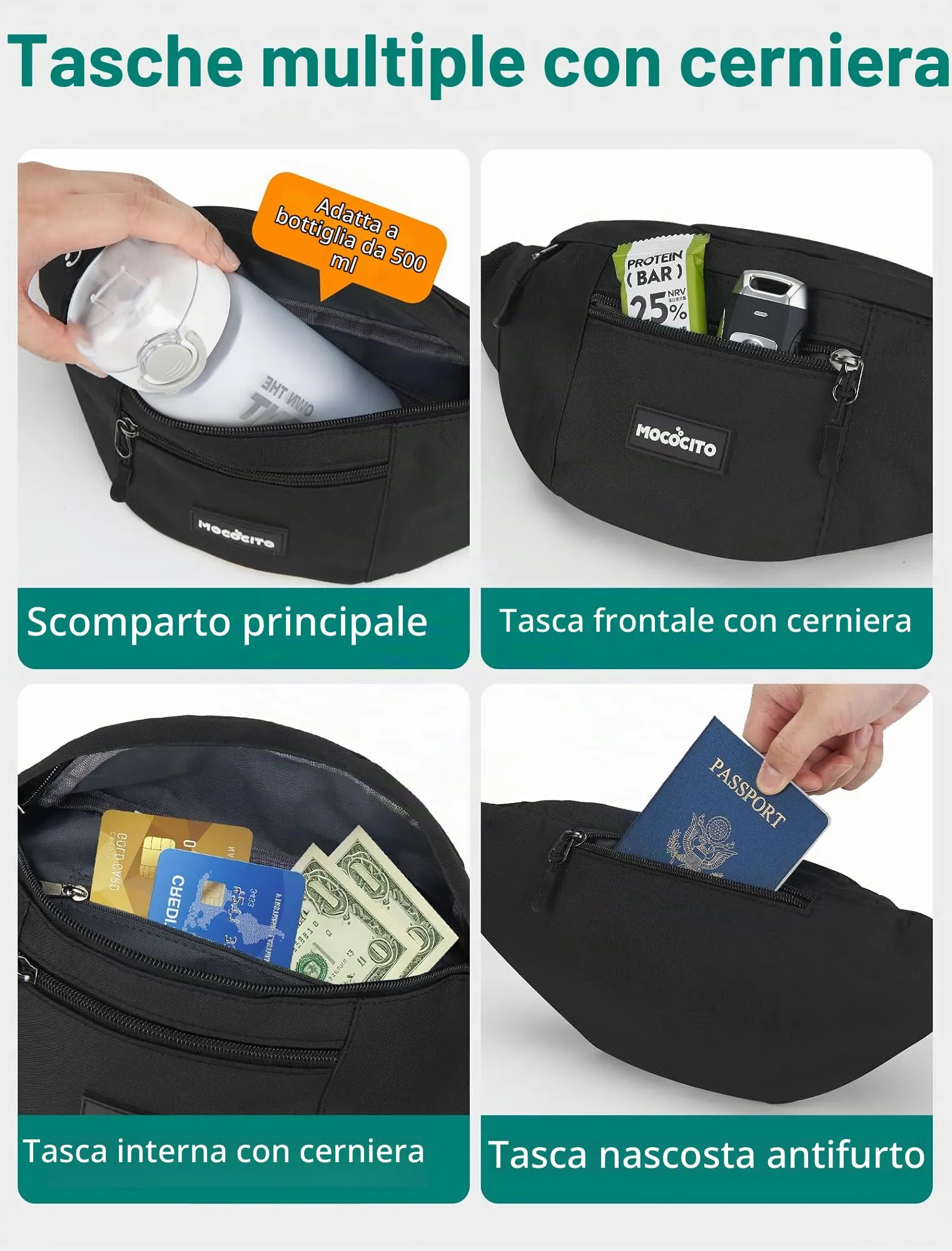 MOCOCITO Marsupio Uomo Sportivo, 2.1L Marsupio Corsa con 4 Tasche Zip Porta Cellulare,Cintura Regolabile a 120cm per Running Ciclismo Escursionismo Borsello Fanny Pack Jogging Viaggi Concerti Lavoro - immagine 4