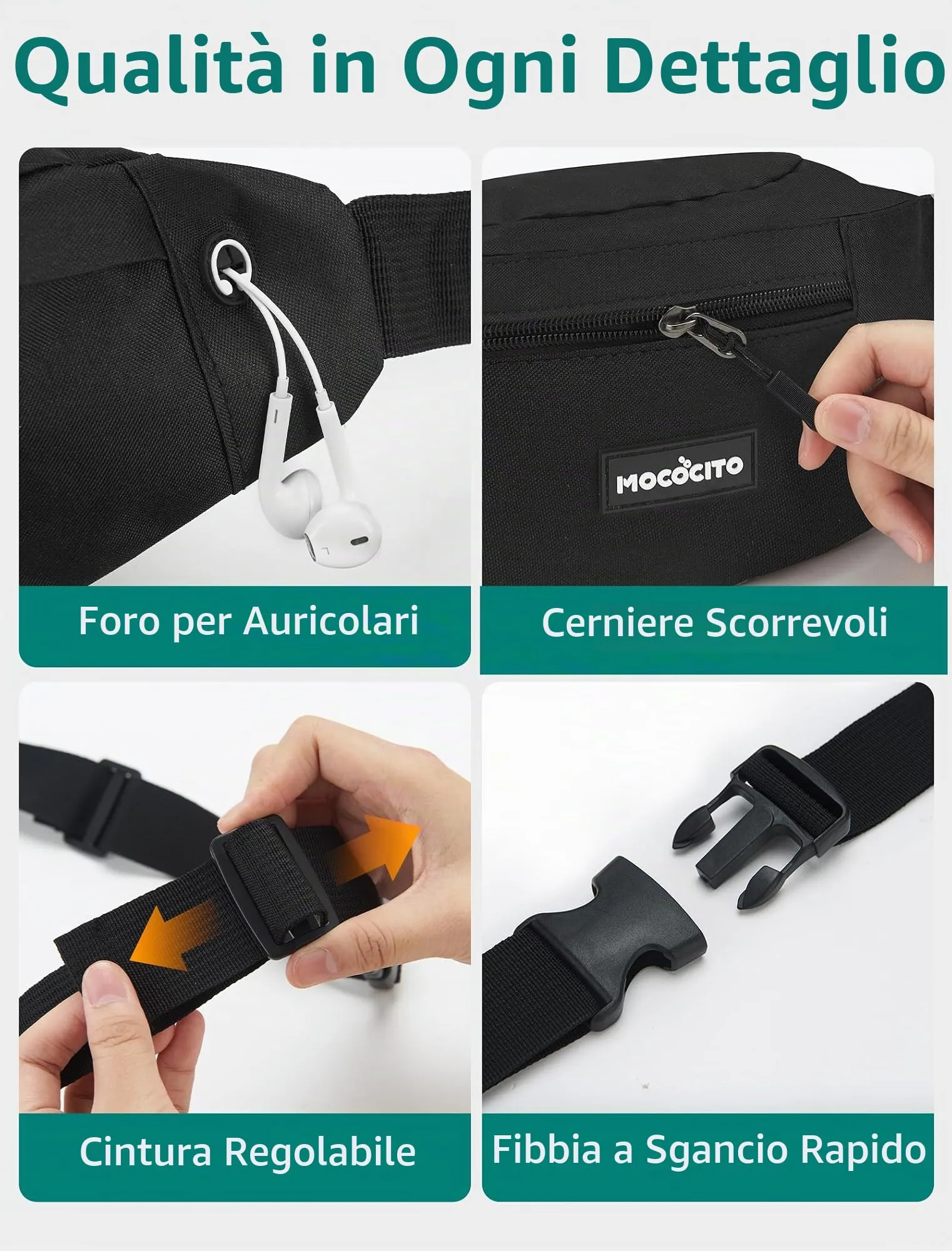 MOCOCITO Marsupio Uomo Sportivo, 2.1L Marsupio Corsa con 4 Tasche Zip Porta Cellulare,Cintura Regolabile a 120cm per Running Ciclismo Escursionismo Borsello Fanny Pack Jogging Viaggi Concerti Lavoro - immagine 6