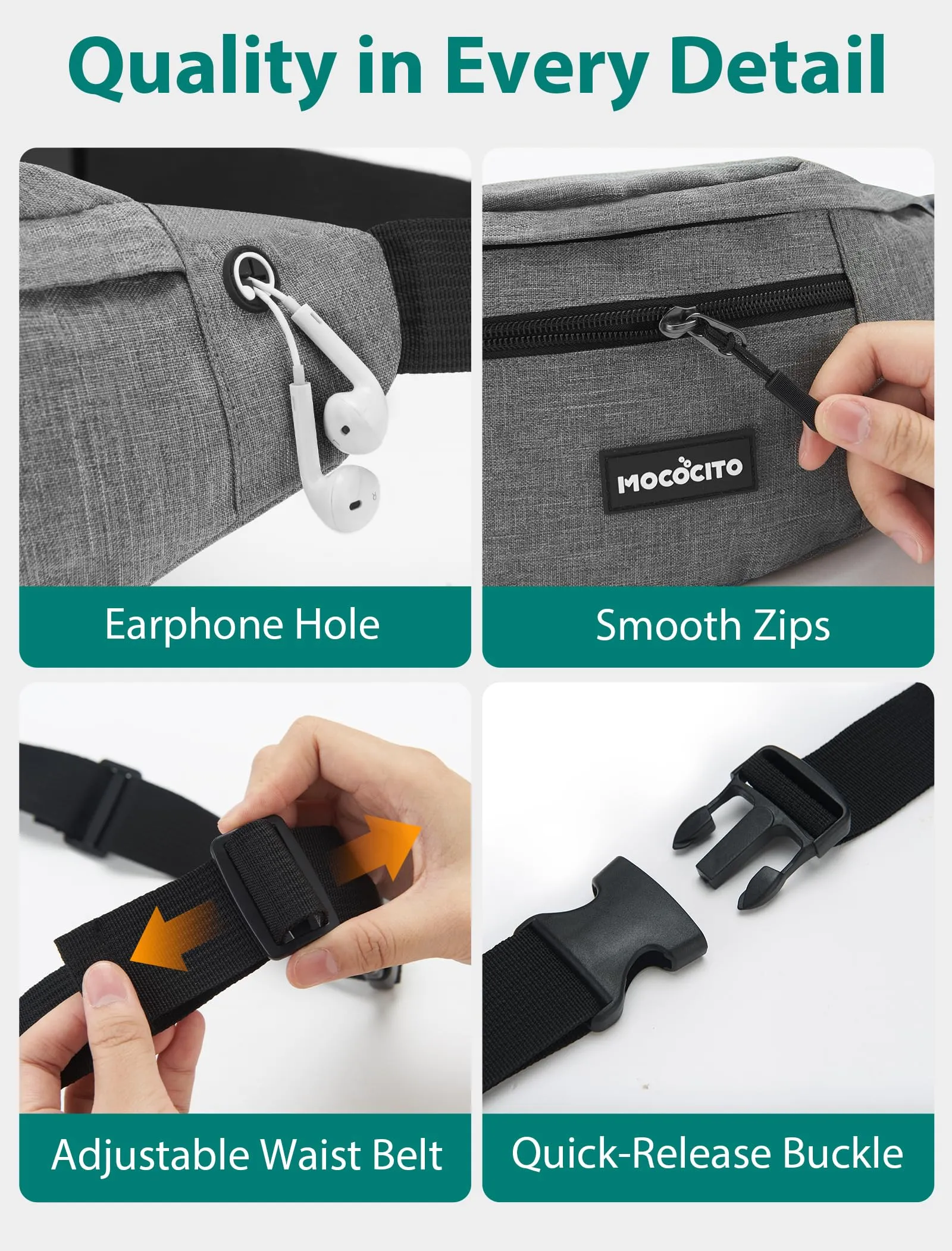 MOCOCITO Marsupio Uomo Donna,Marsupio Sportivo con 4 Zip Tasche,Marsupio Uomo Tracolla Piccolo Cintura Regolabile, Marsupio da Lavoro Impermeabile per Ciclismo Running Escursionismo Trekking Concerti - immagine 6