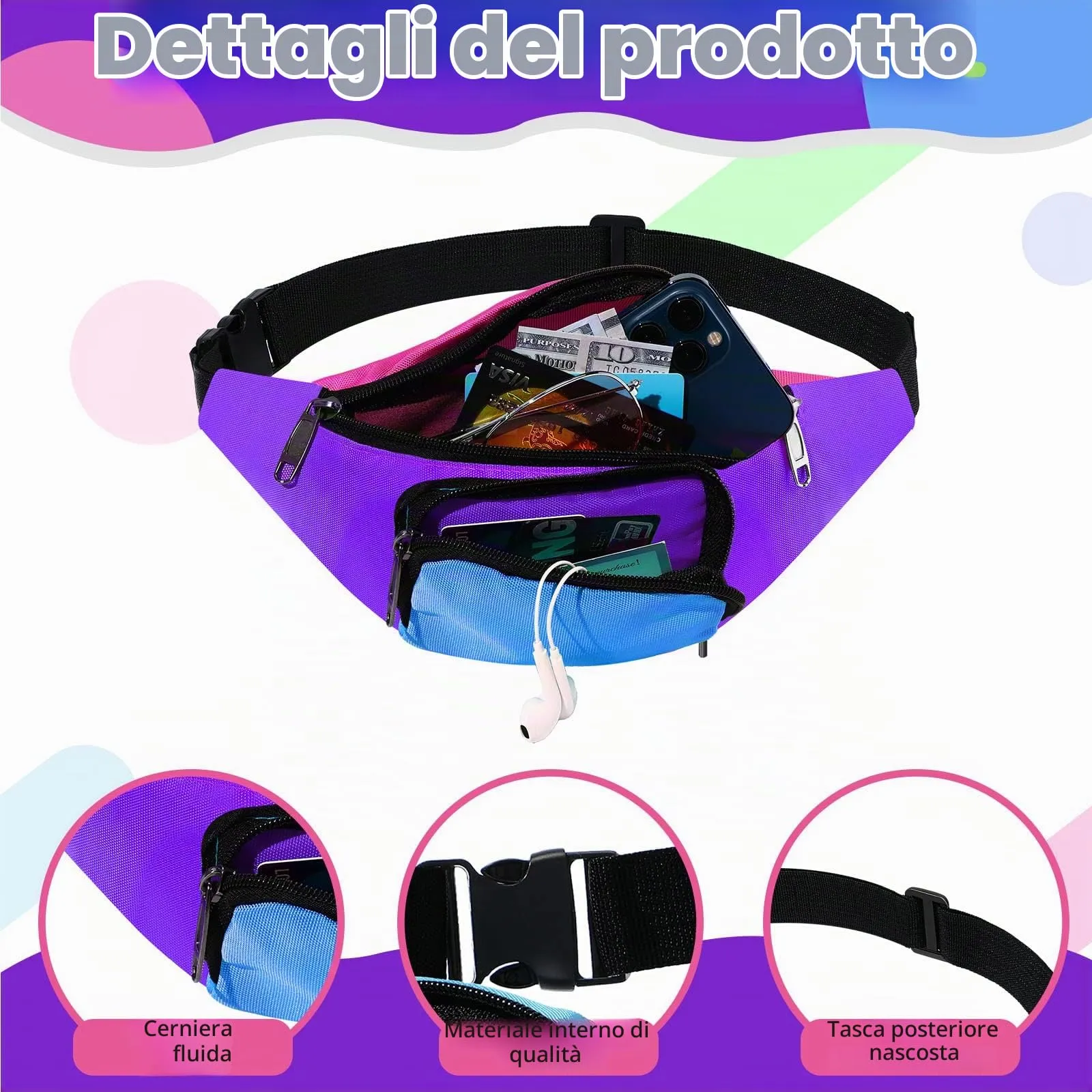 Xuniea Marsupio Al Neon degli Anni '80 a 2 Tasche Regolabile, Fondo Viola - immagine 2