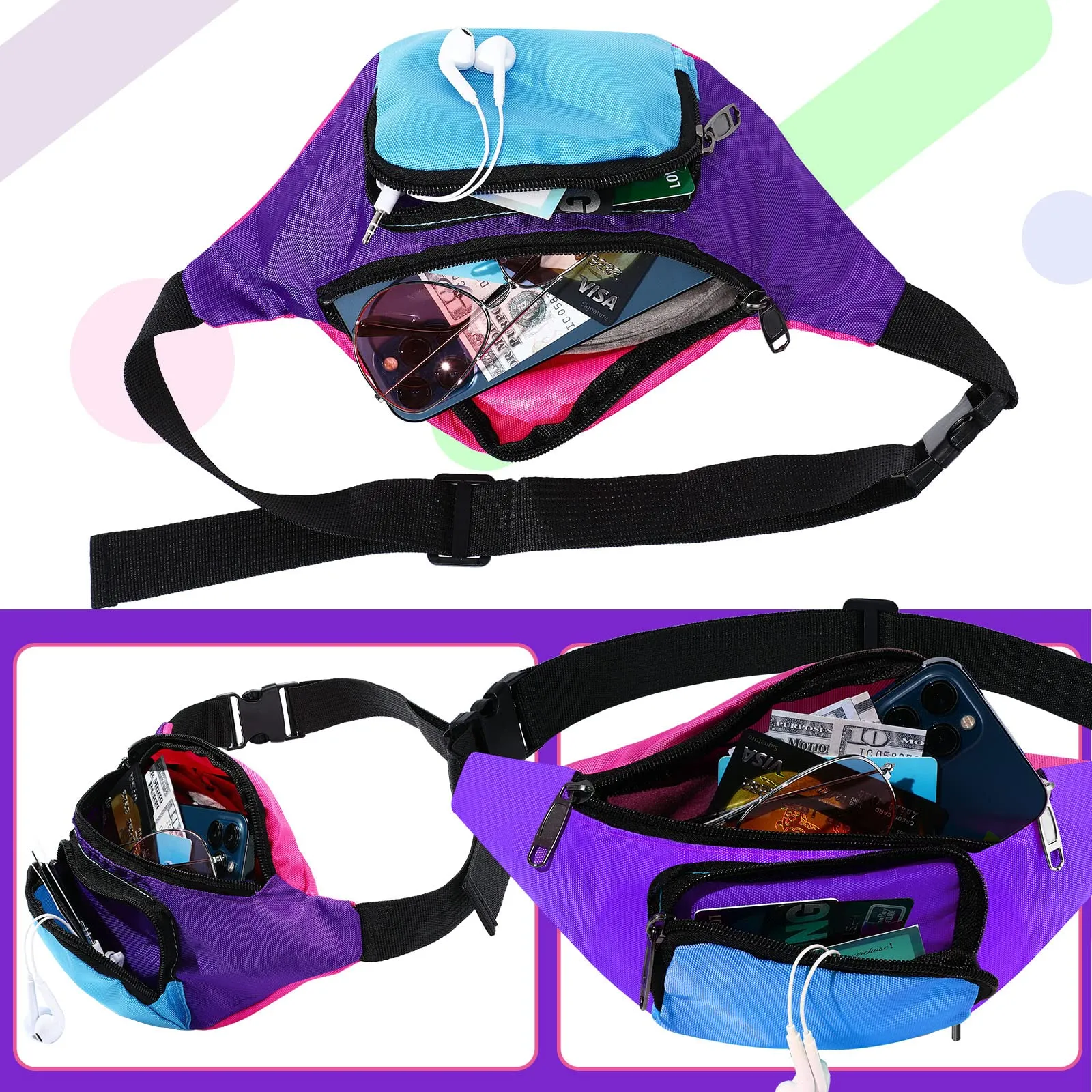 Xuniea Marsupio Al Neon degli Anni '80 a 2 Tasche Regolabile, Fondo Viola - immagine 4