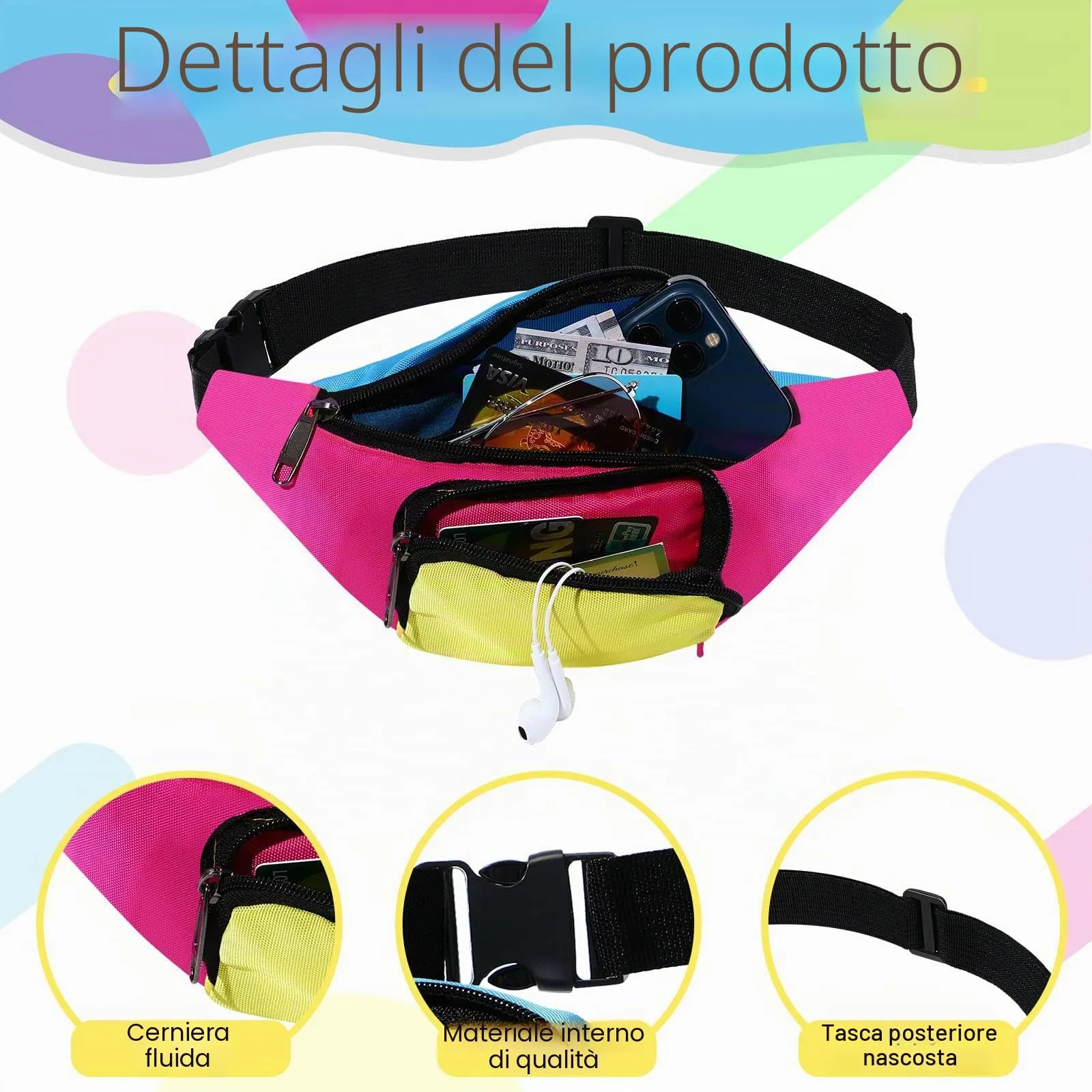 Xuniea Marsupio Al Neon degli Anni '80 a 2 Tasche Regolabile, Fondo Rosa - immagine 2