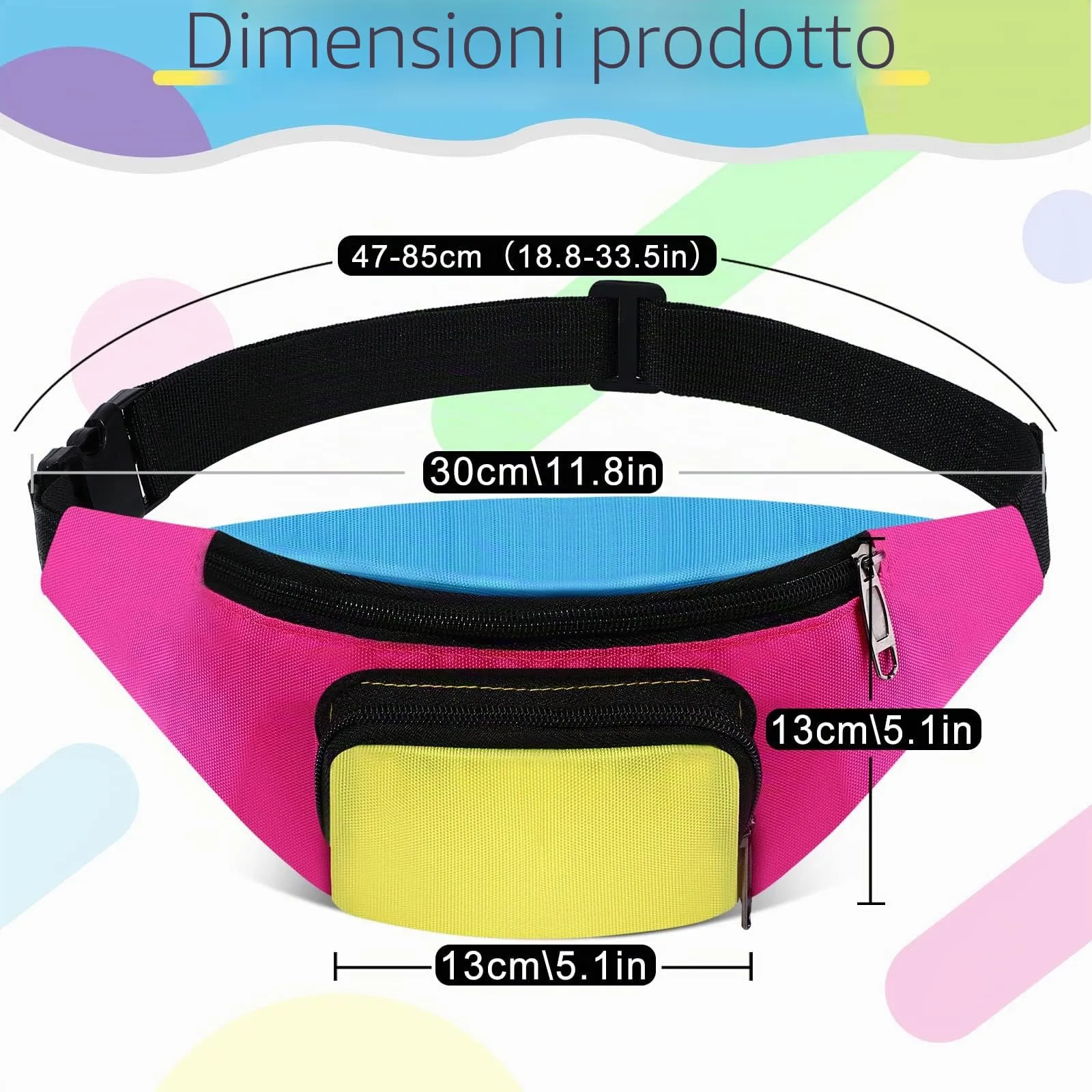 Xuniea Marsupio Al Neon degli Anni '80 a 2 Tasche Regolabile, Fondo Rosa - immagine 3