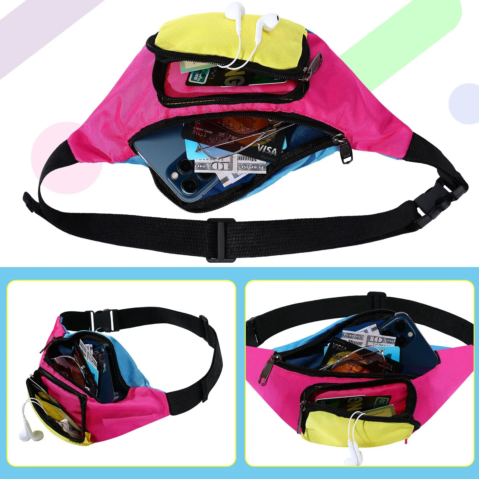 Xuniea Marsupio Al Neon degli Anni '80 a 2 Tasche Regolabile, Fondo Rosa - immagine 4