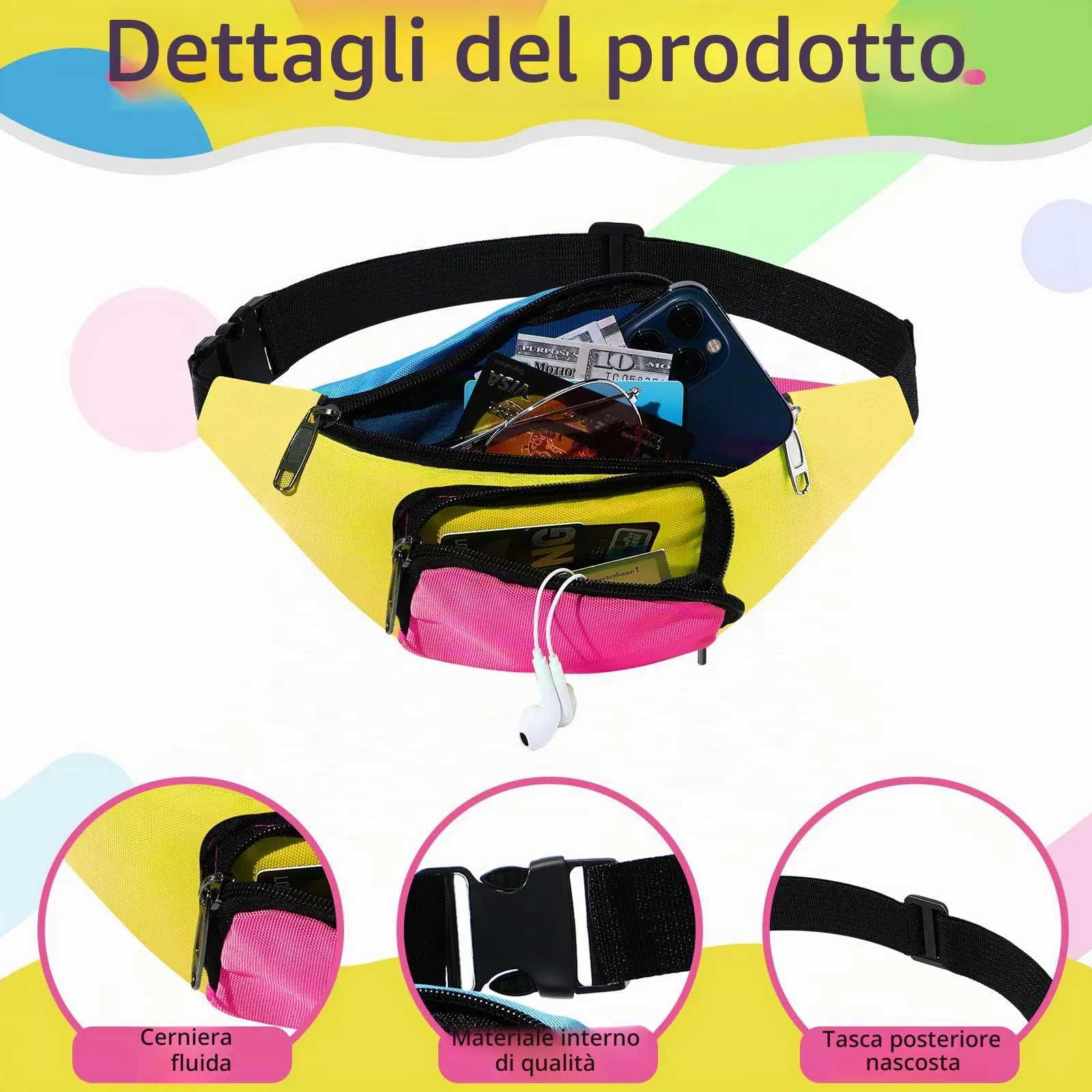 Xuniea Marsupio Al Neon degli Anni '80 a 2 Tasche Regolabile, Fondo Giallo - immagine 2