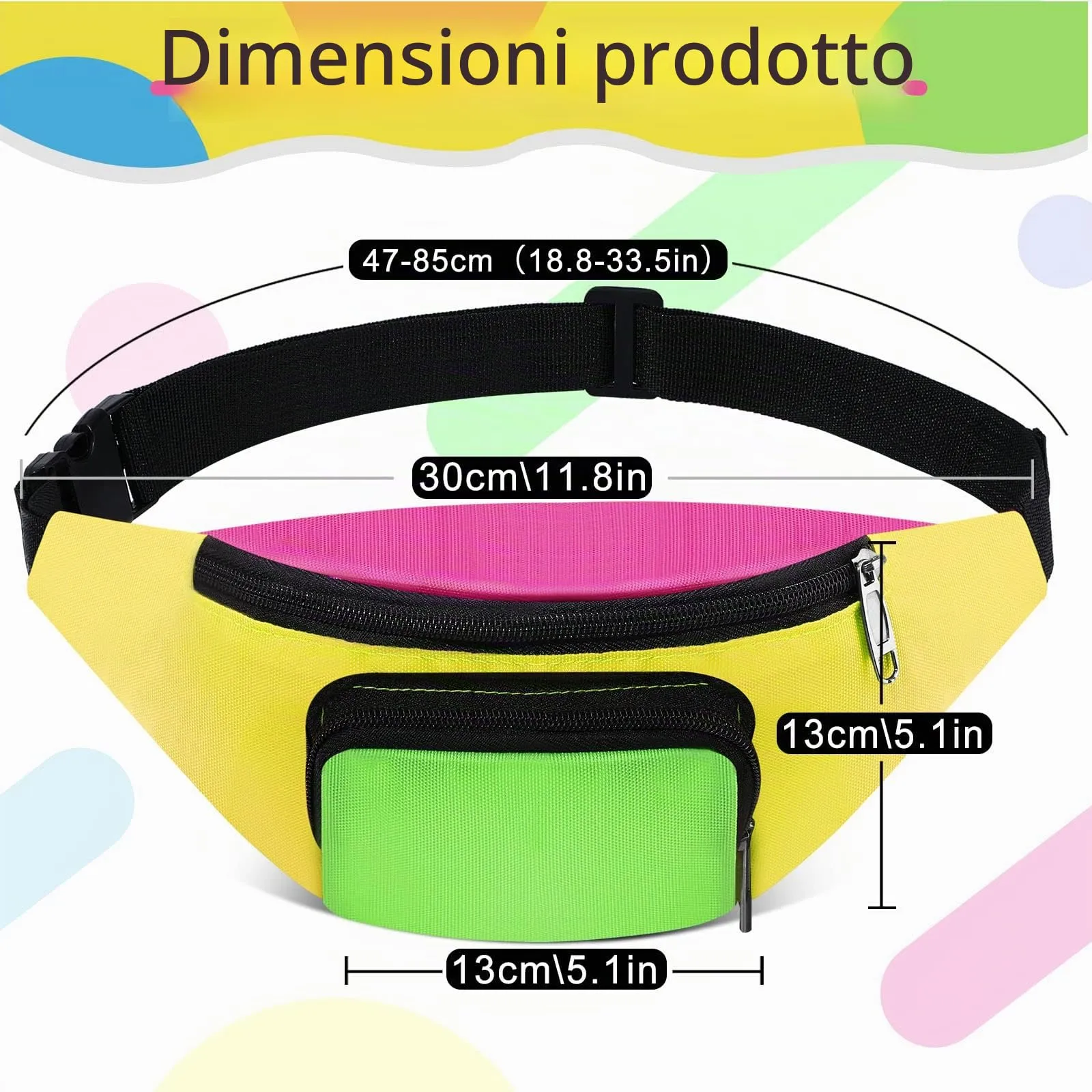 Xuniea Marsupio Al Neon degli Anni '80 a 2 Tasche Regolabile, Fondo Giallo - immagine 3