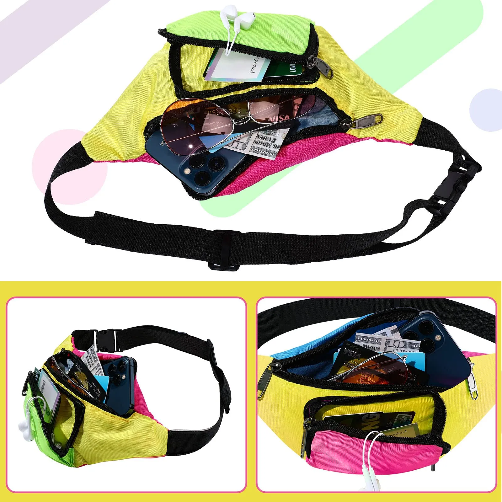 Xuniea Marsupio Al Neon degli Anni '80 a 2 Tasche Regolabile, Fondo Giallo - immagine 4