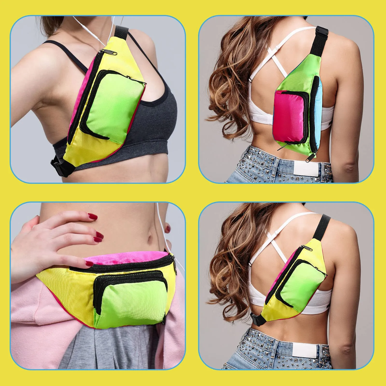 Xuniea Marsupio Al Neon degli Anni '80 a 2 Tasche Regolabile, Fondo Giallo - immagine 5