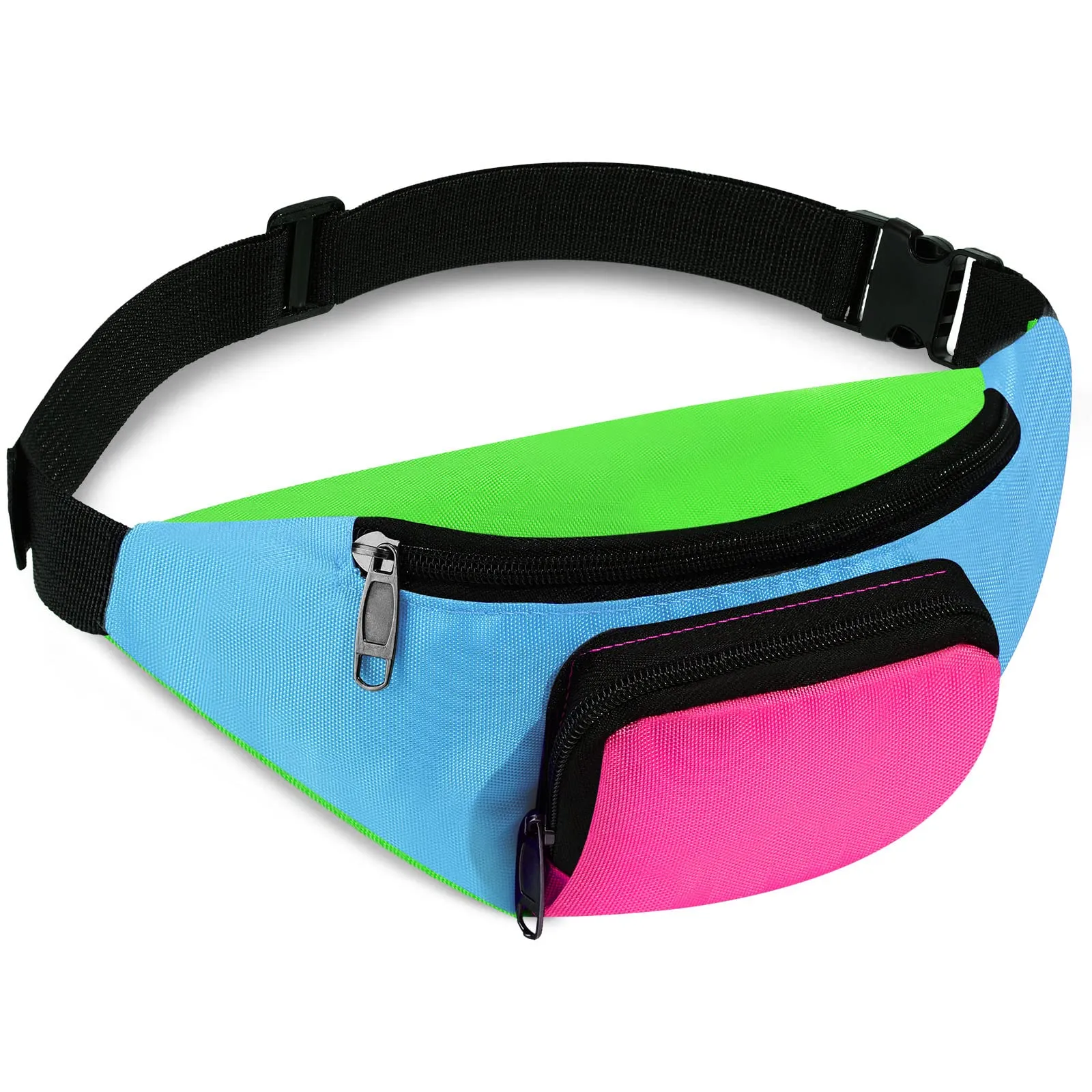 Xuniea Marsupio al Neon Retrò degli Anni '80 a 2 Tasche Marsupi a Mani Libere Borsa con Cintura Vita Regolabile Costumi per Donna Uomo per Festa Tema Anni '80 Viaggio (Fondo Blu) - immagine 1