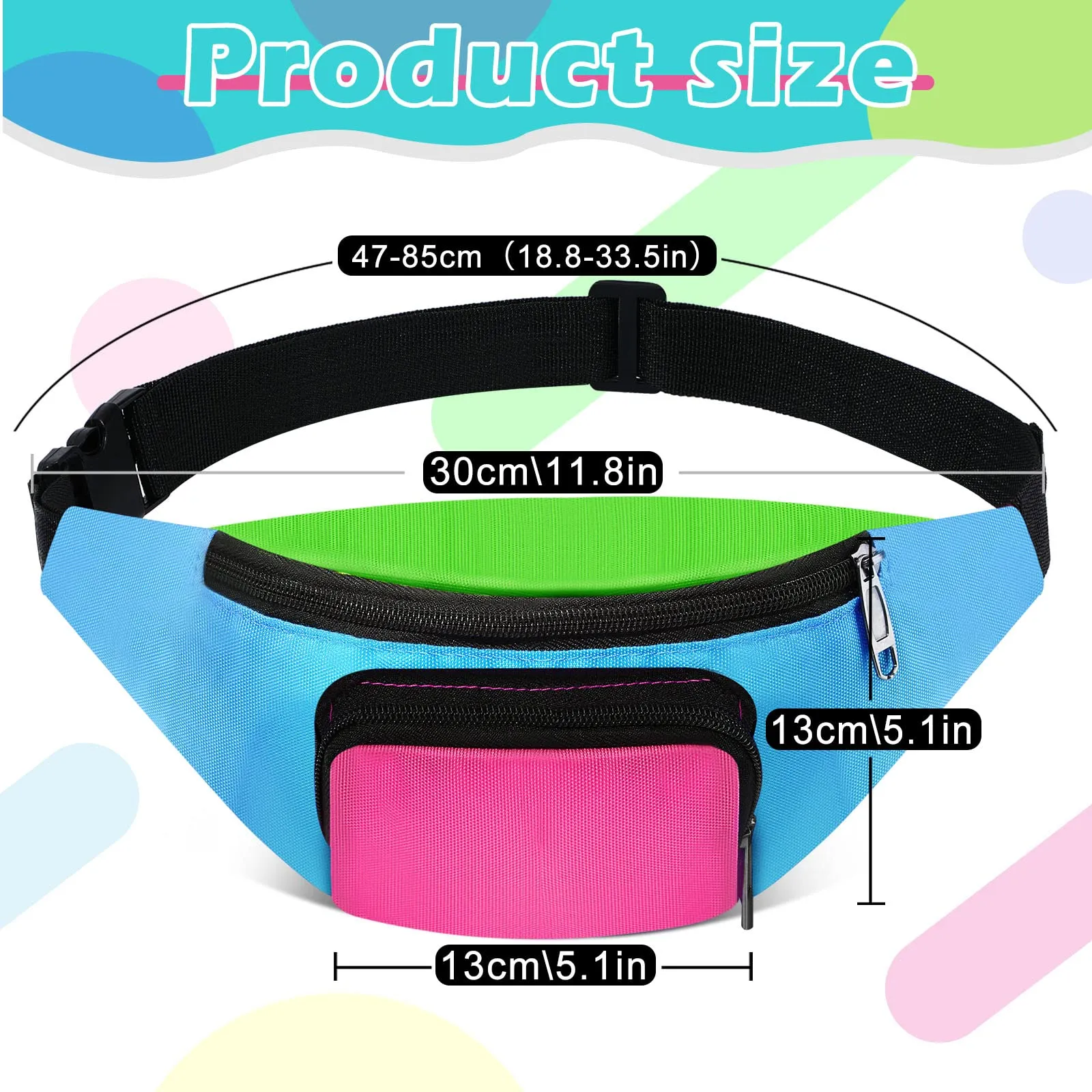 Xuniea Marsupio al Neon Retrò degli Anni '80 a 2 Tasche Marsupi a Mani Libere Borsa con Cintura Vita Regolabile Costumi per Donna Uomo per Festa Tema Anni '80 Viaggio (Fondo Blu) - immagine 2