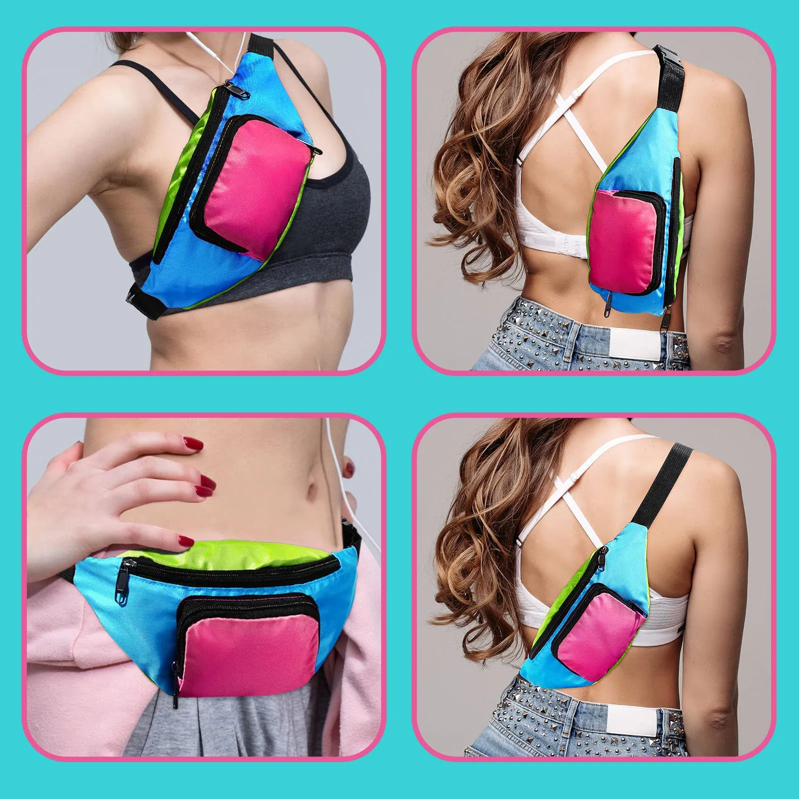 Xuniea Marsupio al Neon Retrò degli Anni '80 a 2 Tasche Marsupi a Mani Libere Borsa con Cintura Vita Regolabile Costumi per Donna Uomo per Festa Tema Anni '80 Viaggio (Fondo Blu) - immagine 3
