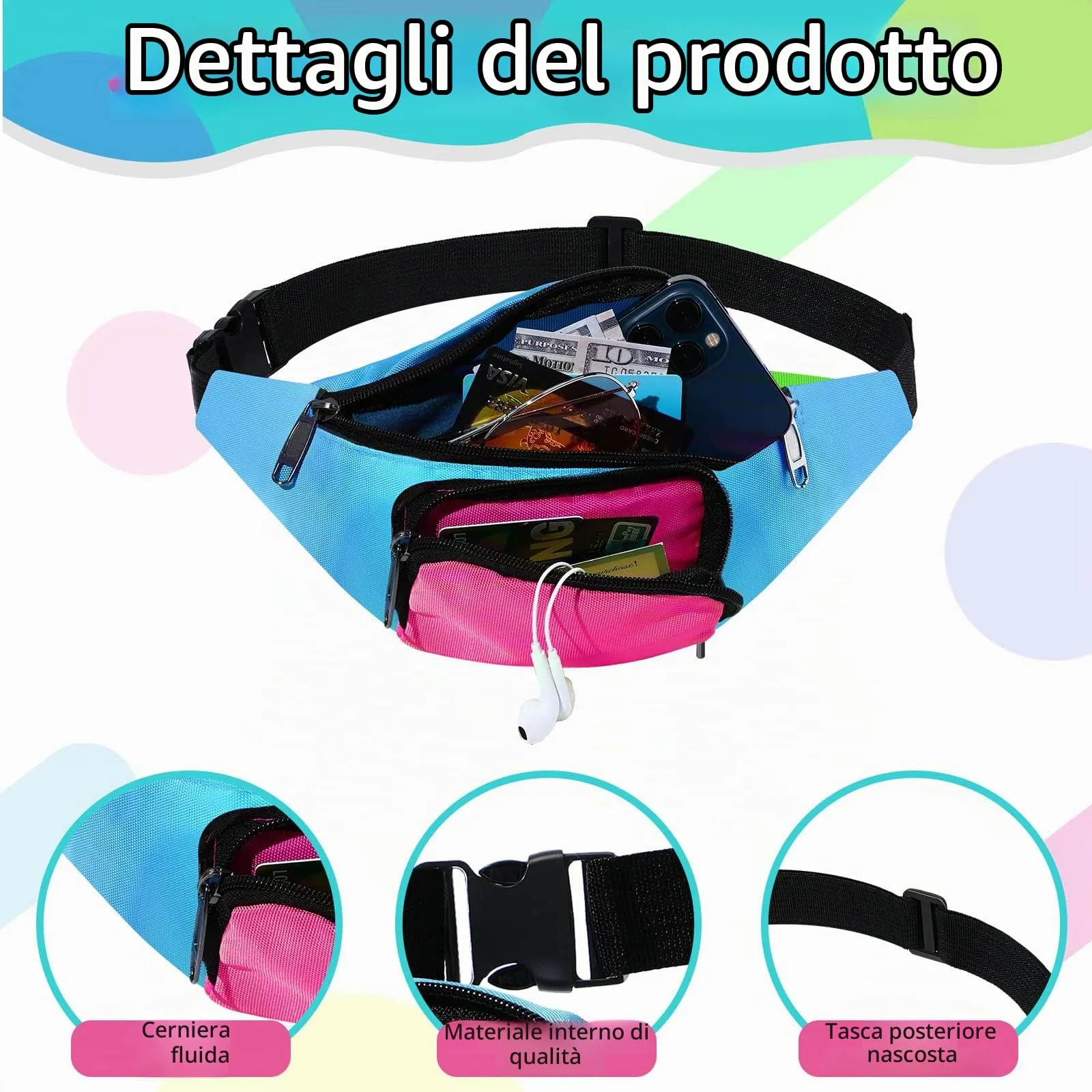 Xuniea Marsupio al Neon Retrò degli Anni '80 a 2 Tasche Marsupi a Mani Libere Borsa con Cintura Vita Regolabile Costumi per Donna Uomo per Festa Tema Anni '80 Viaggio (Fondo Blu) - immagine 4