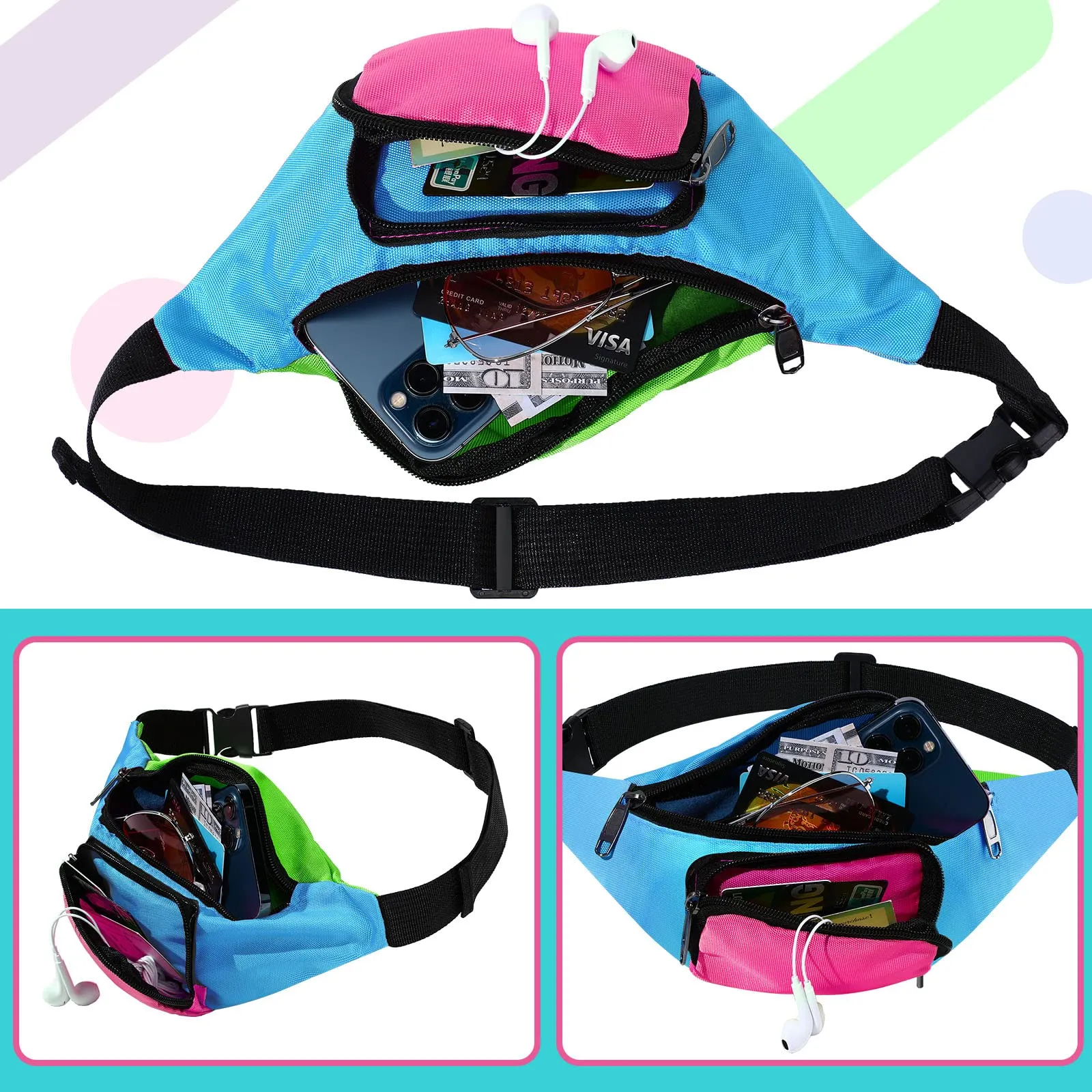 Xuniea Marsupio al Neon Retrò degli Anni '80 a 2 Tasche Marsupi a Mani Libere Borsa con Cintura Vita Regolabile Costumi per Donna Uomo per Festa Tema Anni '80 Viaggio (Fondo Blu) - immagine 5
