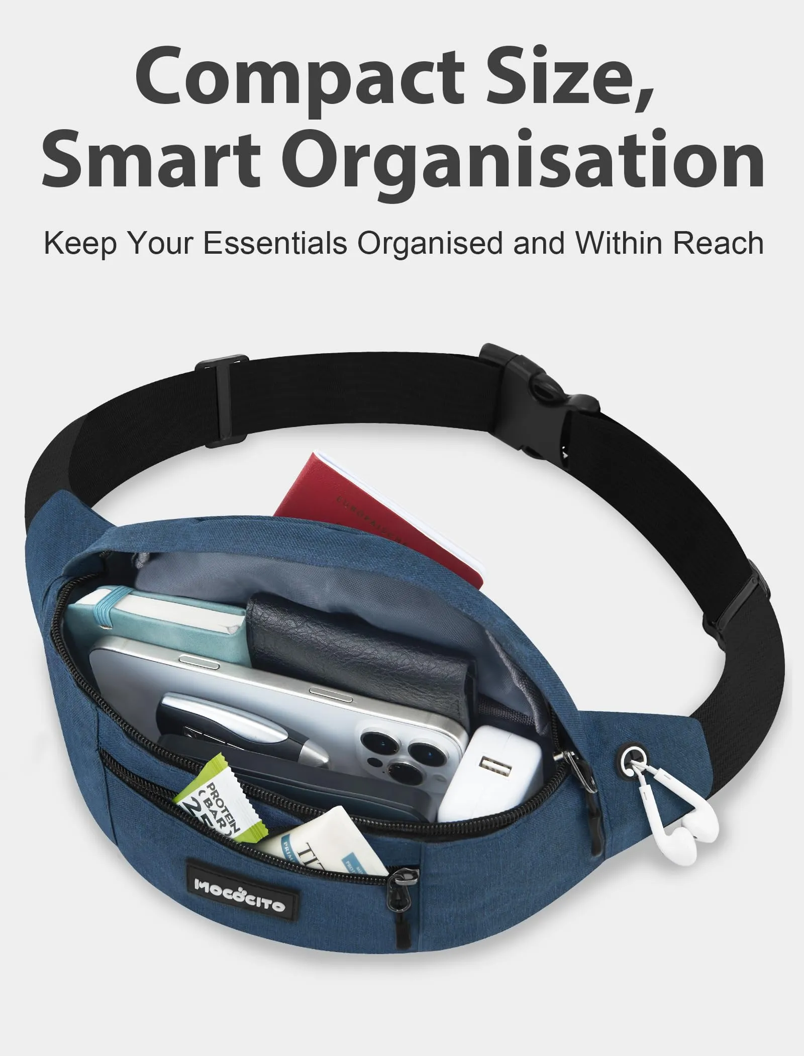MOCOCITO Marsupio Uomo Sportivo, 2.1L Marsupio Corsa con 4 Tasche Zip Porta Cellulare,Cintura Regolabile a 120cm per Running Ciclismo Escursionismo Borsello Fanny Pack Jogging Viaggi Concerti Lavoro - immagine 3