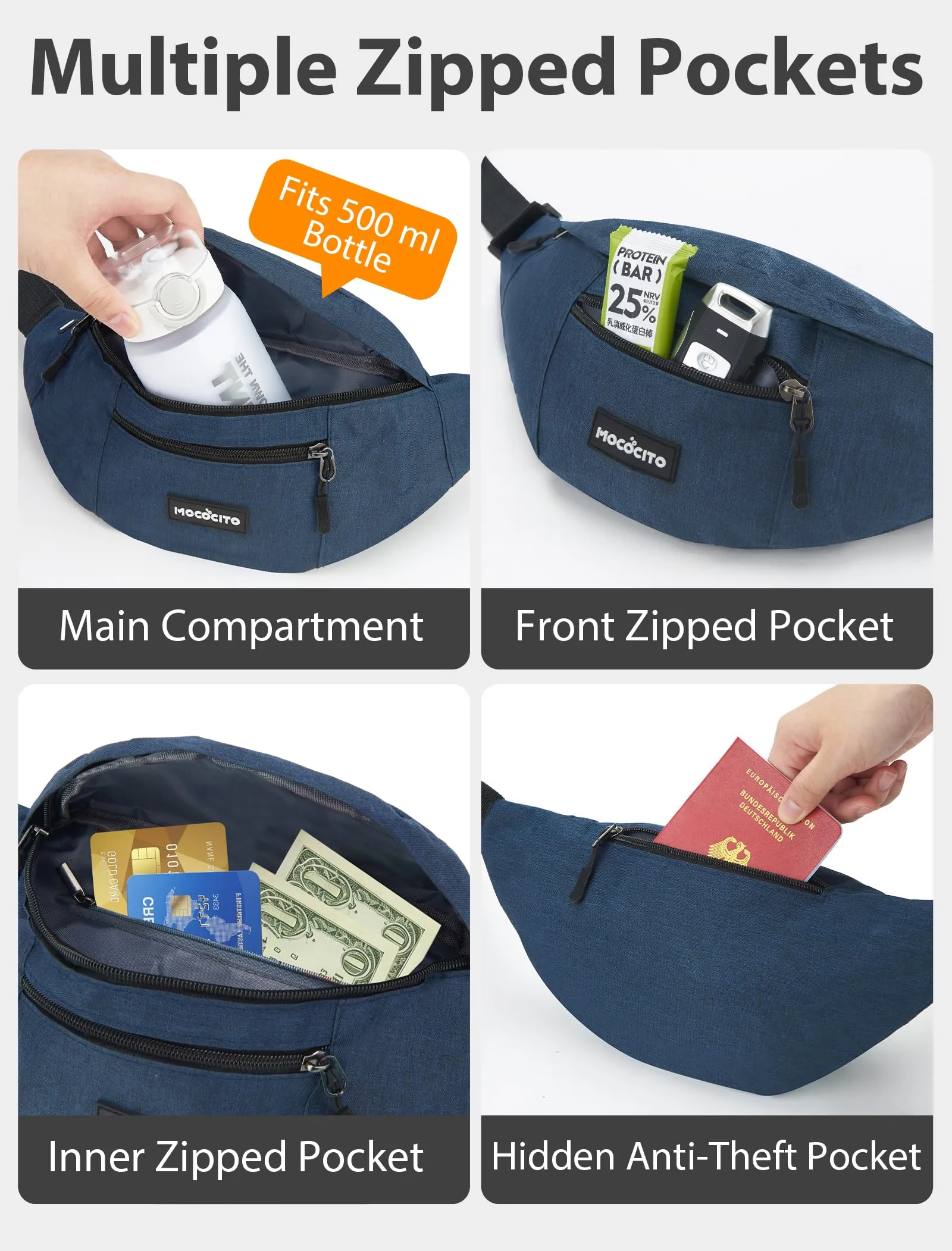 MOCOCITO Marsupio Uomo Sportivo, 2.1L Marsupio Corsa con 4 Tasche Zip Porta Cellulare,Cintura Regolabile a 120cm per Running Ciclismo Escursionismo Borsello Fanny Pack Jogging Viaggi Concerti Lavoro - immagine 4