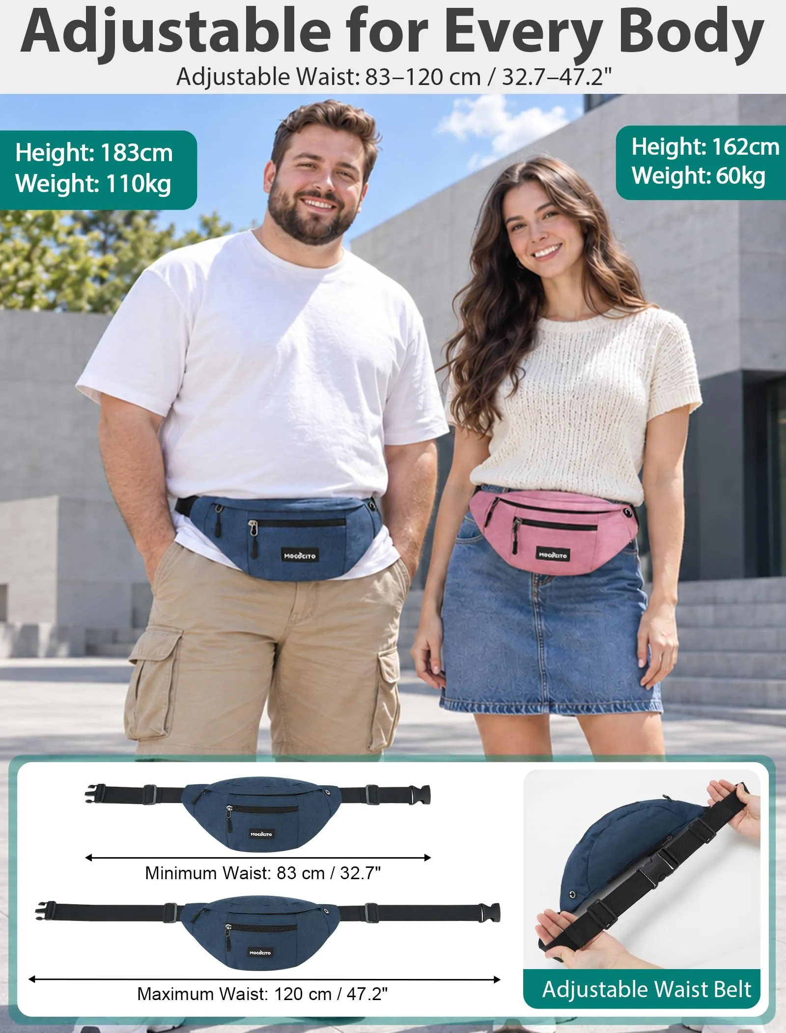 MOCOCITO Marsupio Uomo Sportivo, 2.1L Marsupio Corsa con 4 Tasche Zip Porta Cellulare,Cintura Regolabile a 120cm per Running Ciclismo Escursionismo Borsello Fanny Pack Jogging Viaggi Concerti Lavoro - immagine 5