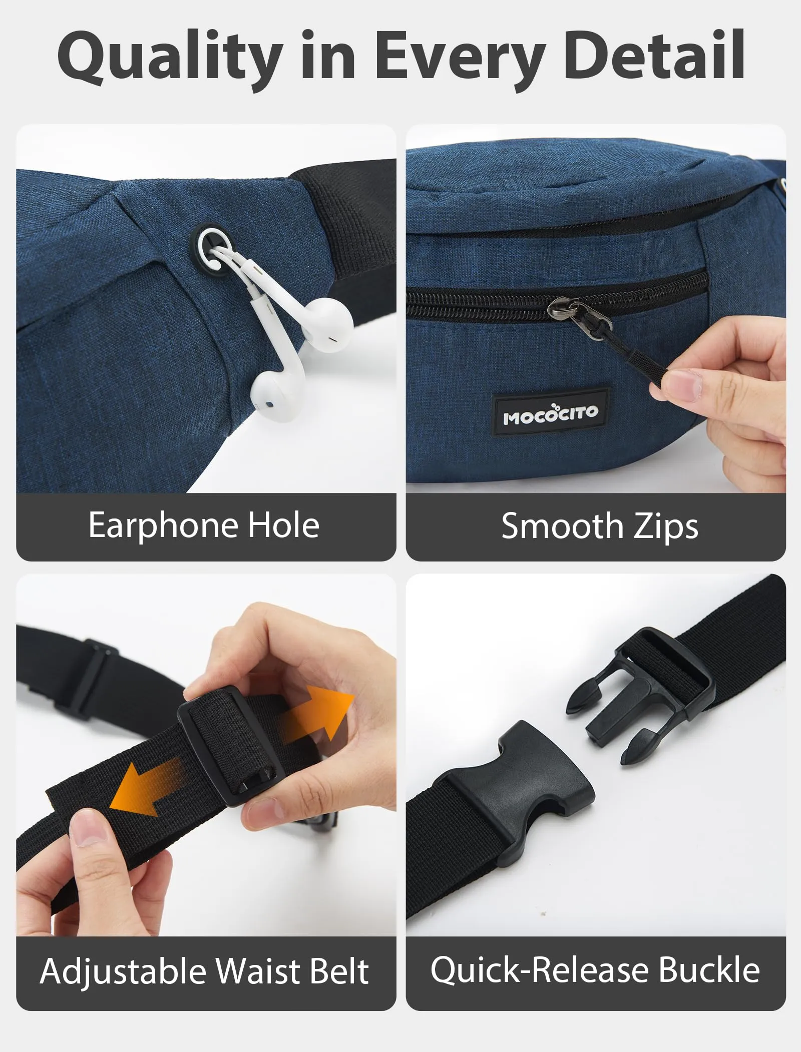 MOCOCITO Marsupio Uomo Sportivo, 2.1L Marsupio Corsa con 4 Tasche Zip Porta Cellulare,Cintura Regolabile a 120cm per Running Ciclismo Escursionismo Borsello Fanny Pack Jogging Viaggi Concerti Lavoro - immagine 6