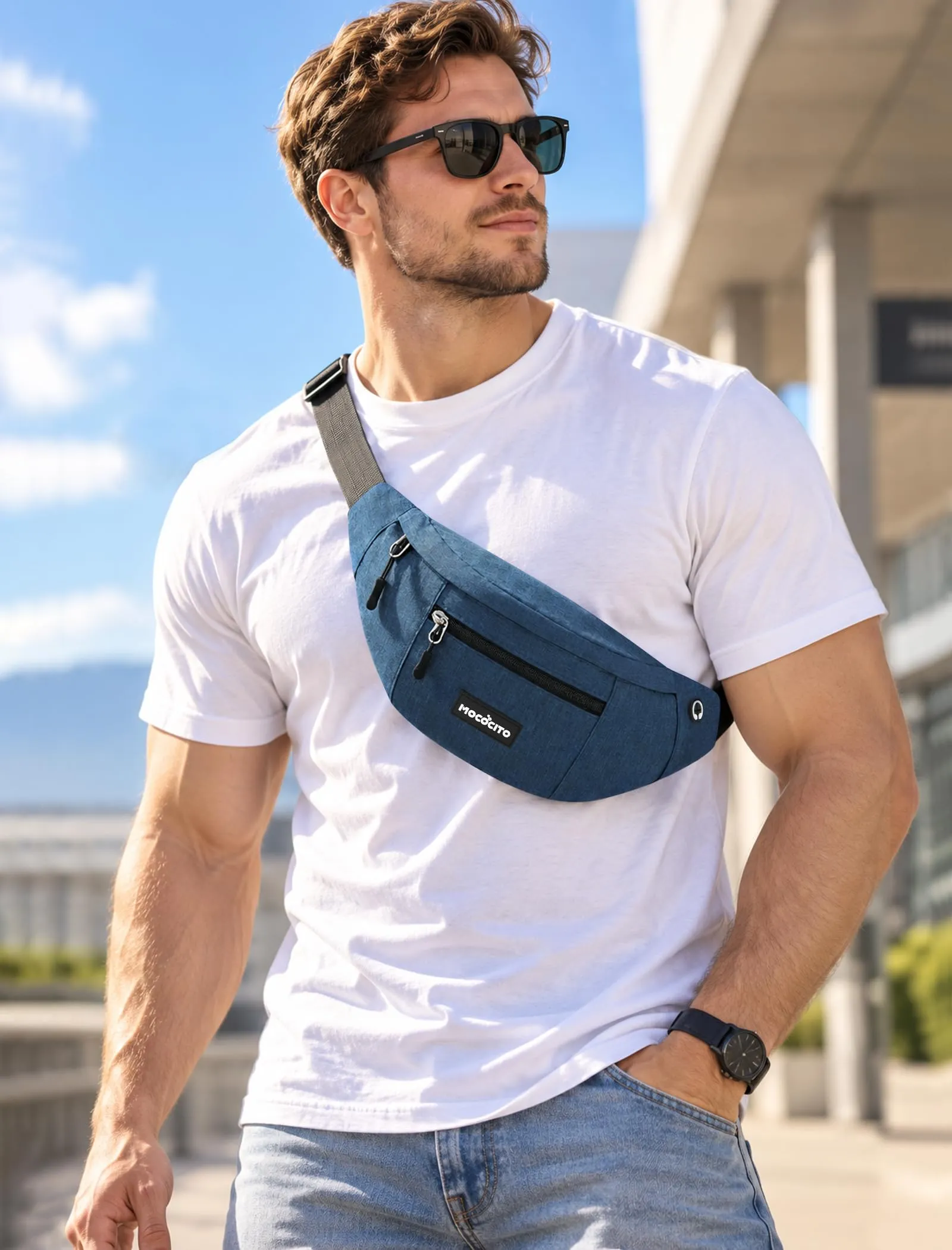 MOCOCITO Marsupio Uomo Sportivo, 2.1L Marsupio Corsa con 4 Tasche Zip Porta Cellulare,Cintura Regolabile a 120cm per Running Ciclismo Escursionismo Borsello Fanny Pack Jogging Viaggi Concerti Lavoro - immagine 7
