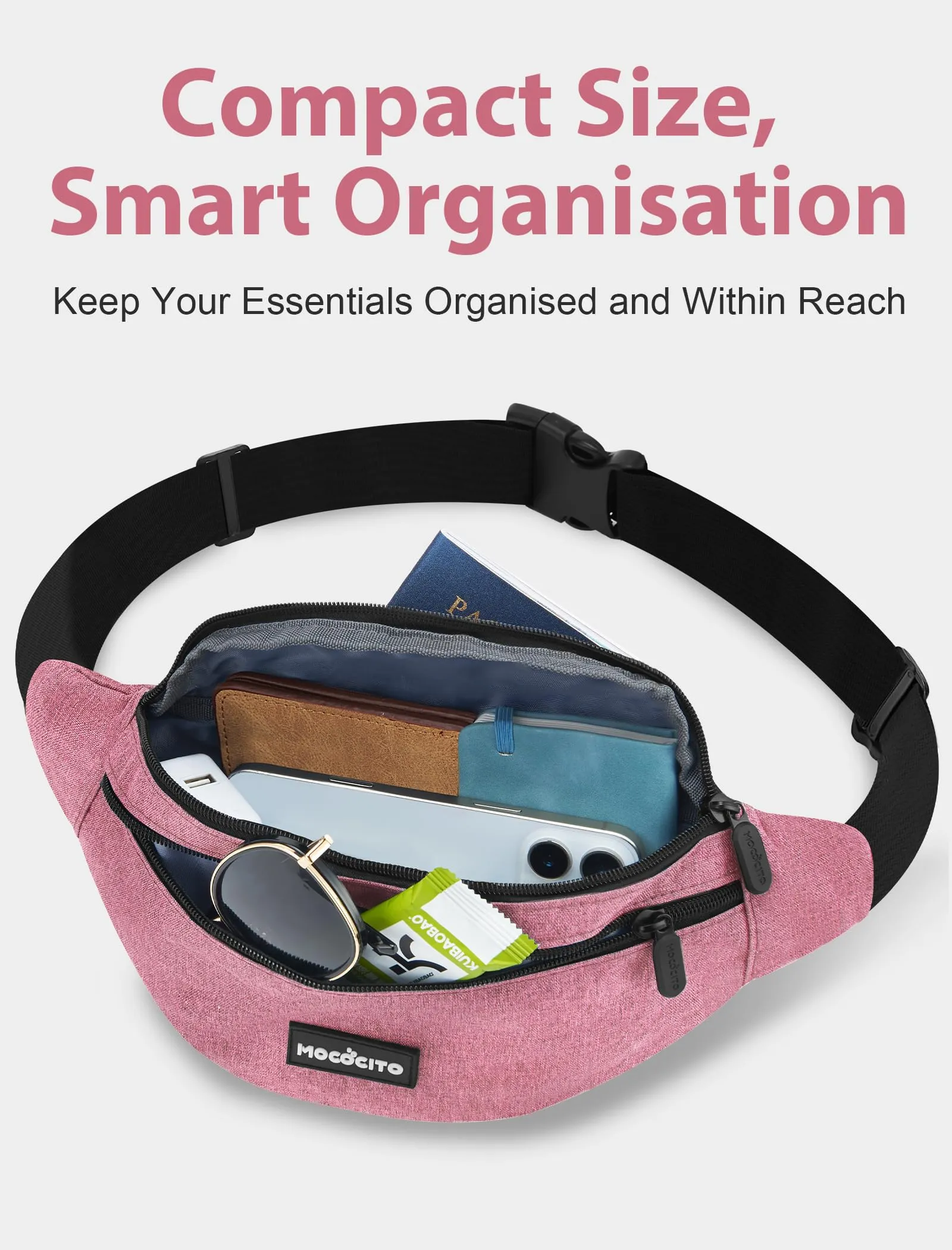 MOCOCITO Marsupio Uomo Sportivo, 2.1L Marsupio Corsa con 4 Tasche Zip Porta Cellulare,Cintura Regolabile a 120cm per Running Ciclismo Escursionismo Borsello Fanny Pack Jogging Viaggi Concerti Lavoro - immagine 3