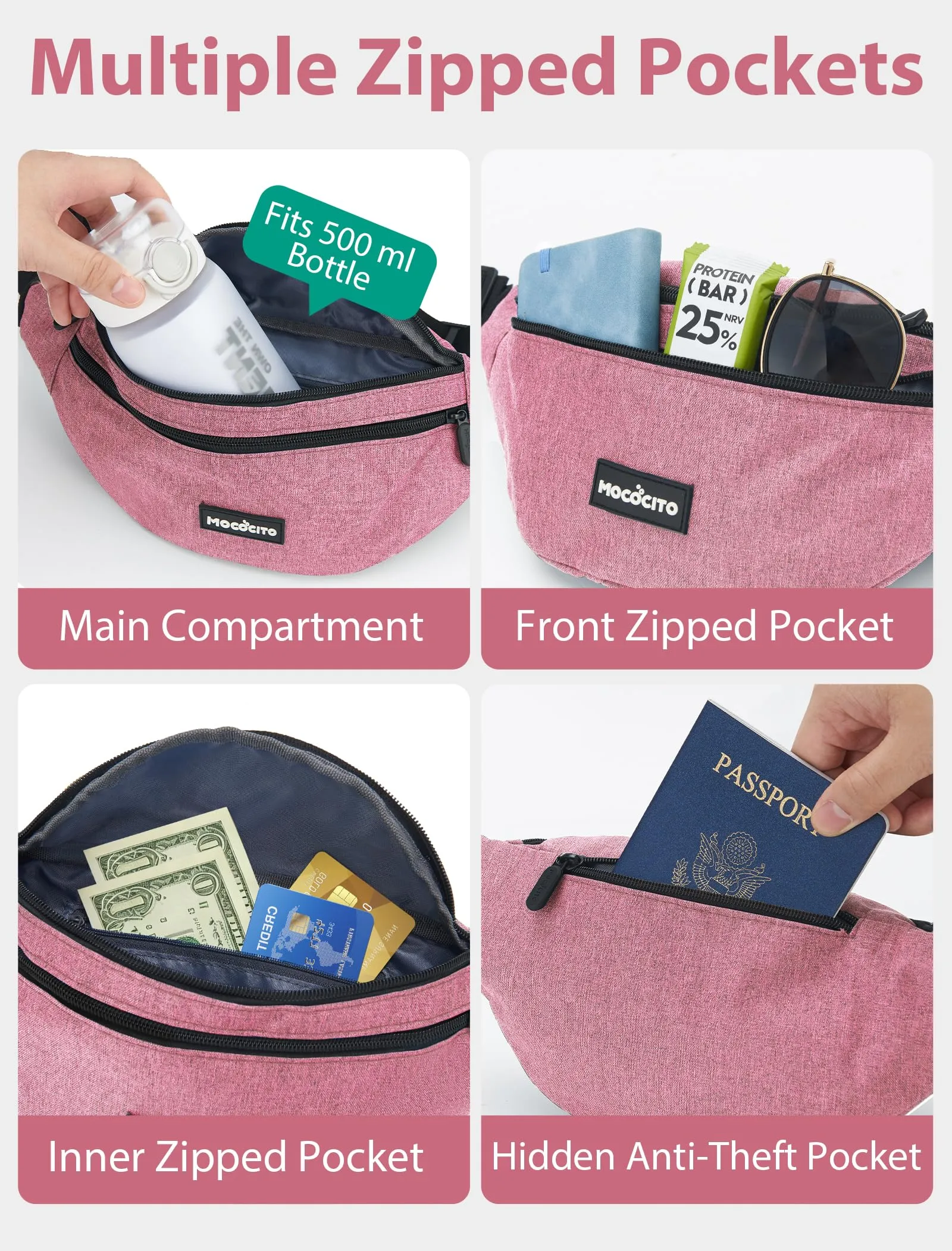 MOCOCITO Marsupio Uomo Sportivo, 2.1L Marsupio Corsa con 4 Tasche Zip Porta Cellulare,Cintura Regolabile a 120cm per Running Ciclismo Escursionismo Borsello Fanny Pack Jogging Viaggi Concerti Lavoro - immagine 4