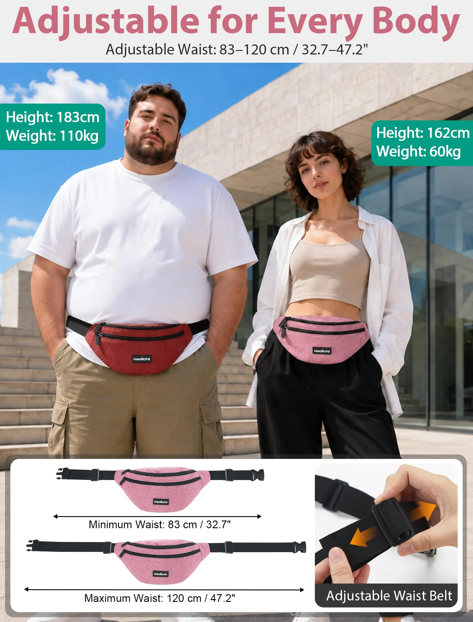 MOCOCITO Marsupio Uomo Sportivo, 2.1L Marsupio Corsa con 4 Tasche Zip Porta Cellulare,Cintura Regolabile a 120cm per Running Ciclismo Escursionismo Borsello Fanny Pack Jogging Viaggi Concerti Lavoro - immagine 5