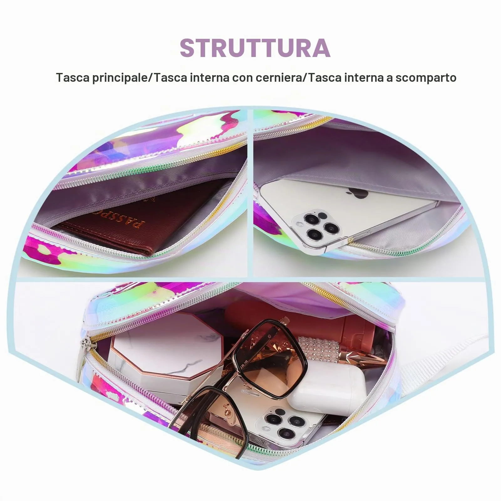 TINYAT Marsupio olografico per donna impermeabile marsupio carino cintura con cinturino regolabile per incontri all'aperto, feste, viaggi, T1956, Multicolore - immagine 4