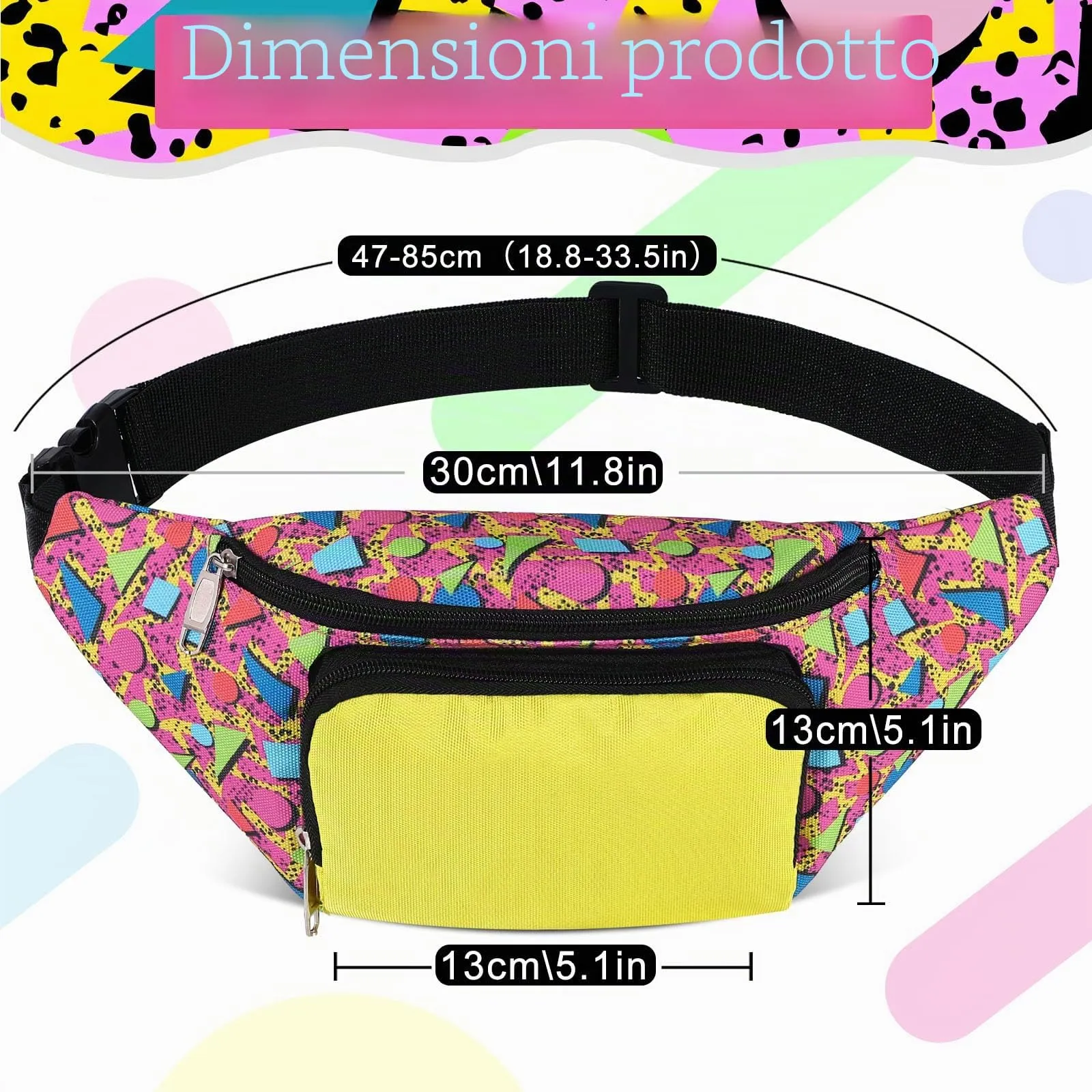 Xuniea Marsupio anni '80 retrò neon con 2 tasch,e borse da cintura anni '90, costumi unisex, marsupi per vacanze, festival a tema anni '80, festa Halloween, Taglia unica - immagine 2