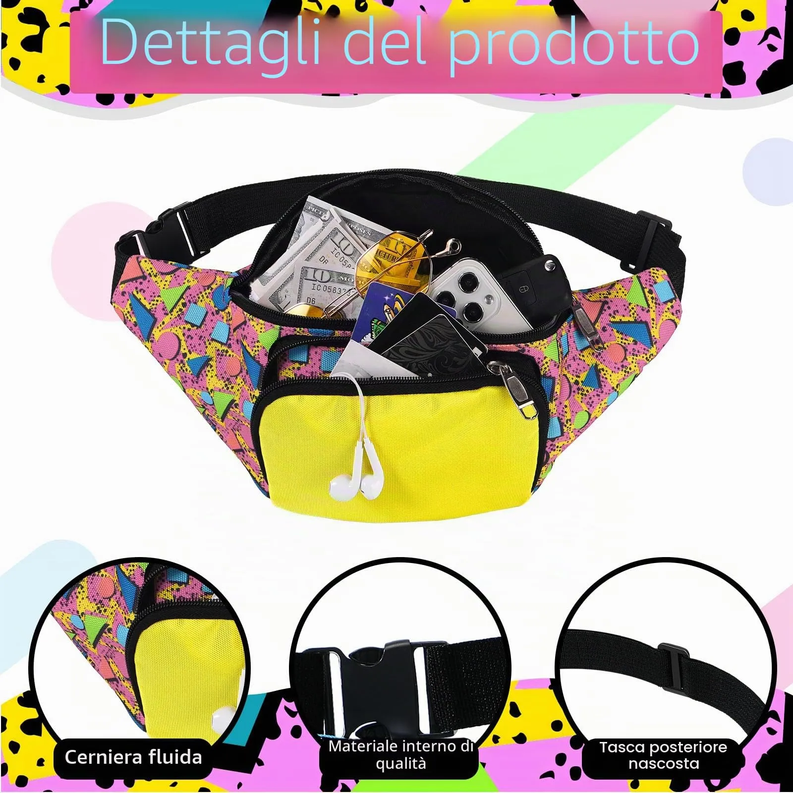 Xuniea Marsupio anni '80 retrò neon con 2 tasch,e borse da cintura anni '90, costumi unisex, marsupi per vacanze, festival a tema anni '80, festa Halloween, Taglia unica - immagine 3