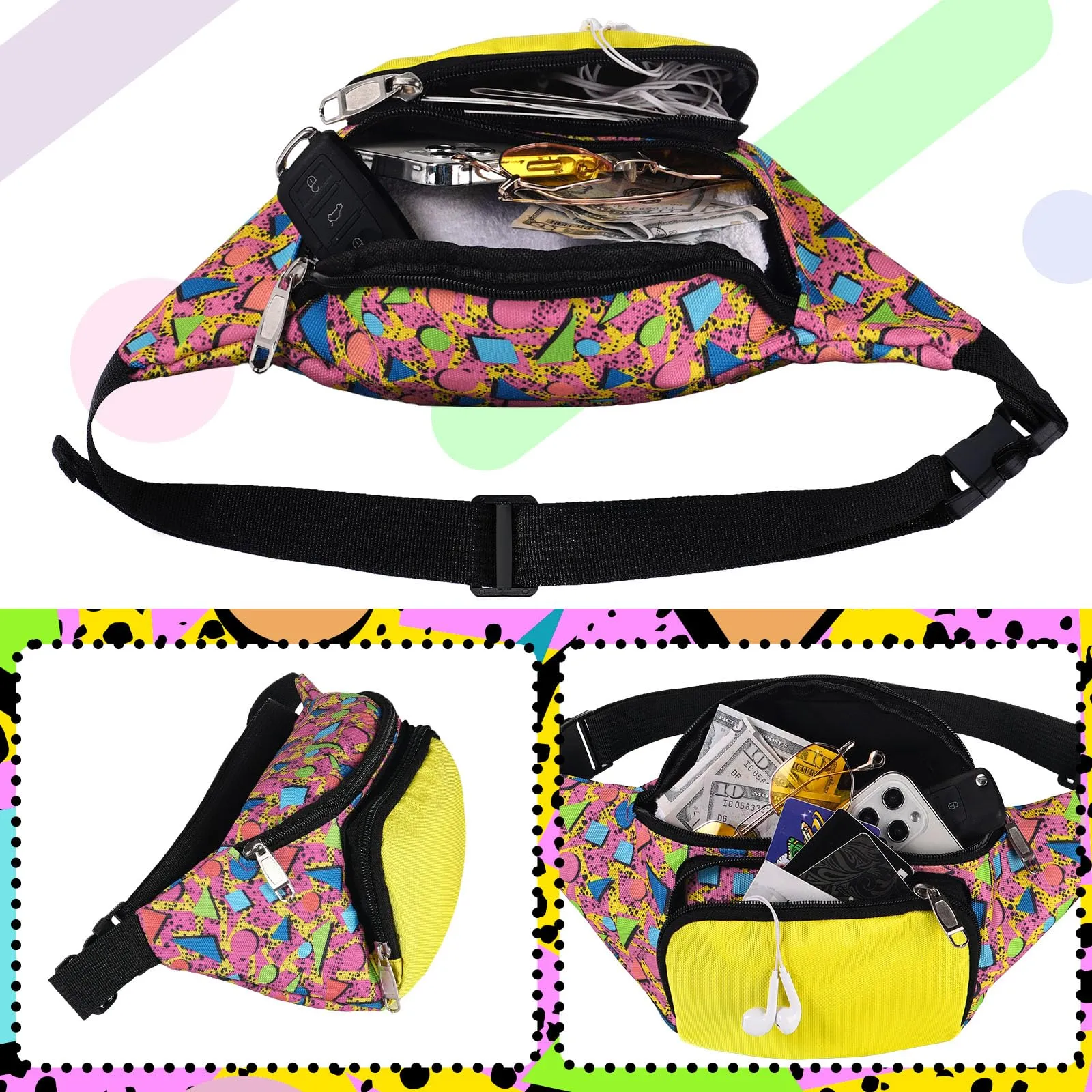 Xuniea Marsupio anni '80 retrò neon con 2 tasch,e borse da cintura anni '90, costumi unisex, marsupi per vacanze, festival a tema anni '80, festa Halloween, Taglia unica - immagine 4