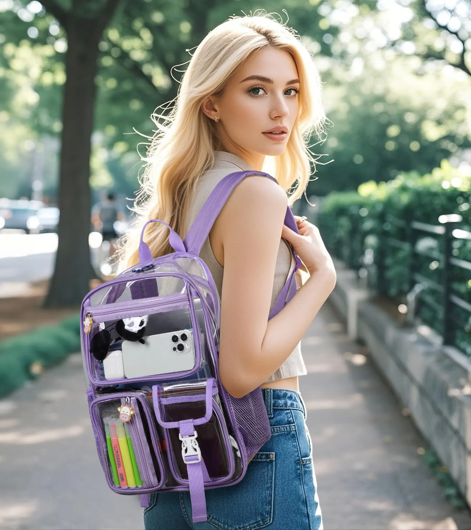 TINYAT Zaino trasparente da donna trasparente Impermeabile Super PVC Zaino Casual Zaino Moda Donna Shopping Dating Pack, T9051, Viola/9063 - immagine 2